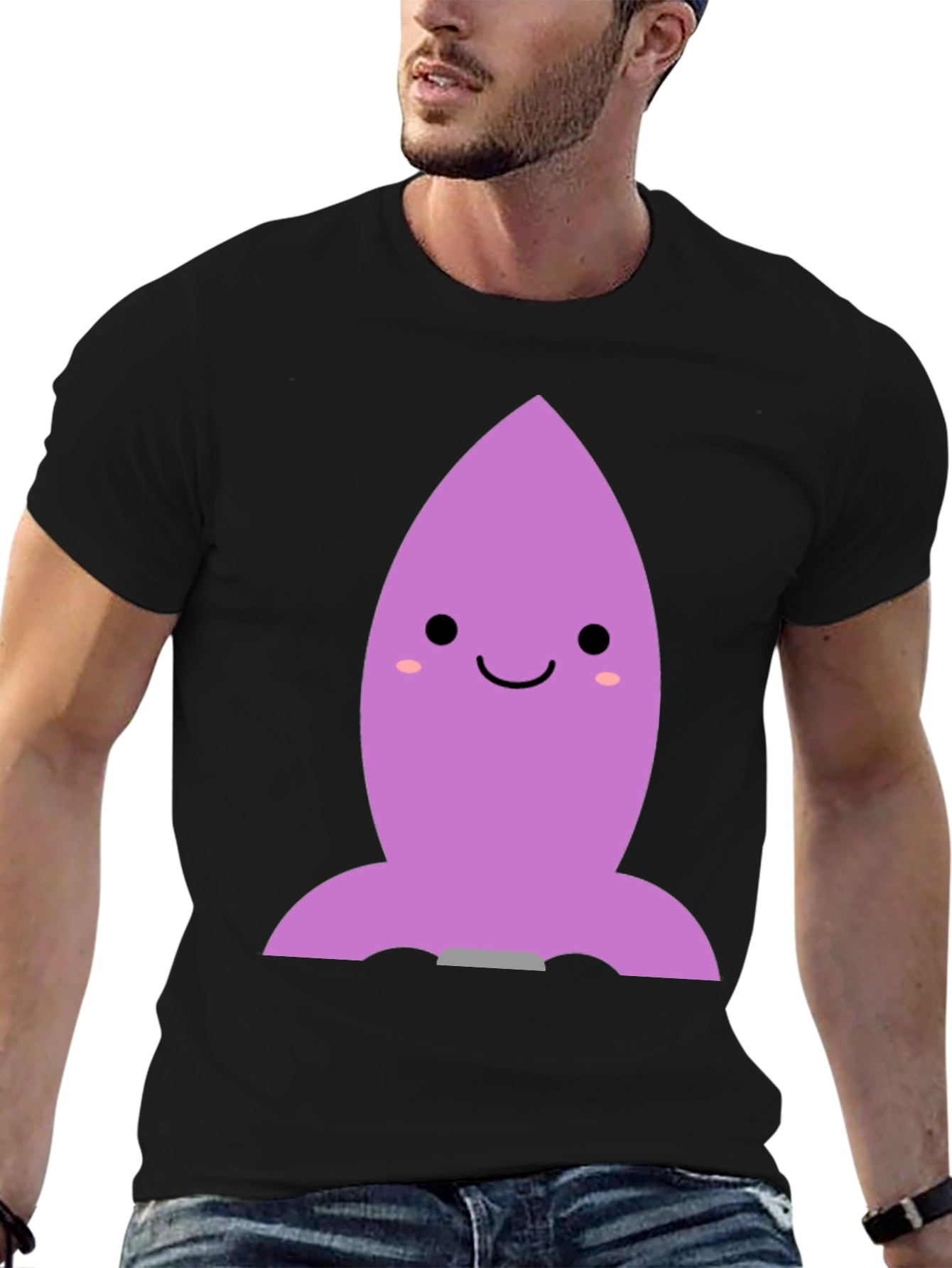 Cute Cartoon Rocket T-Shirt - Black Cotton Blend