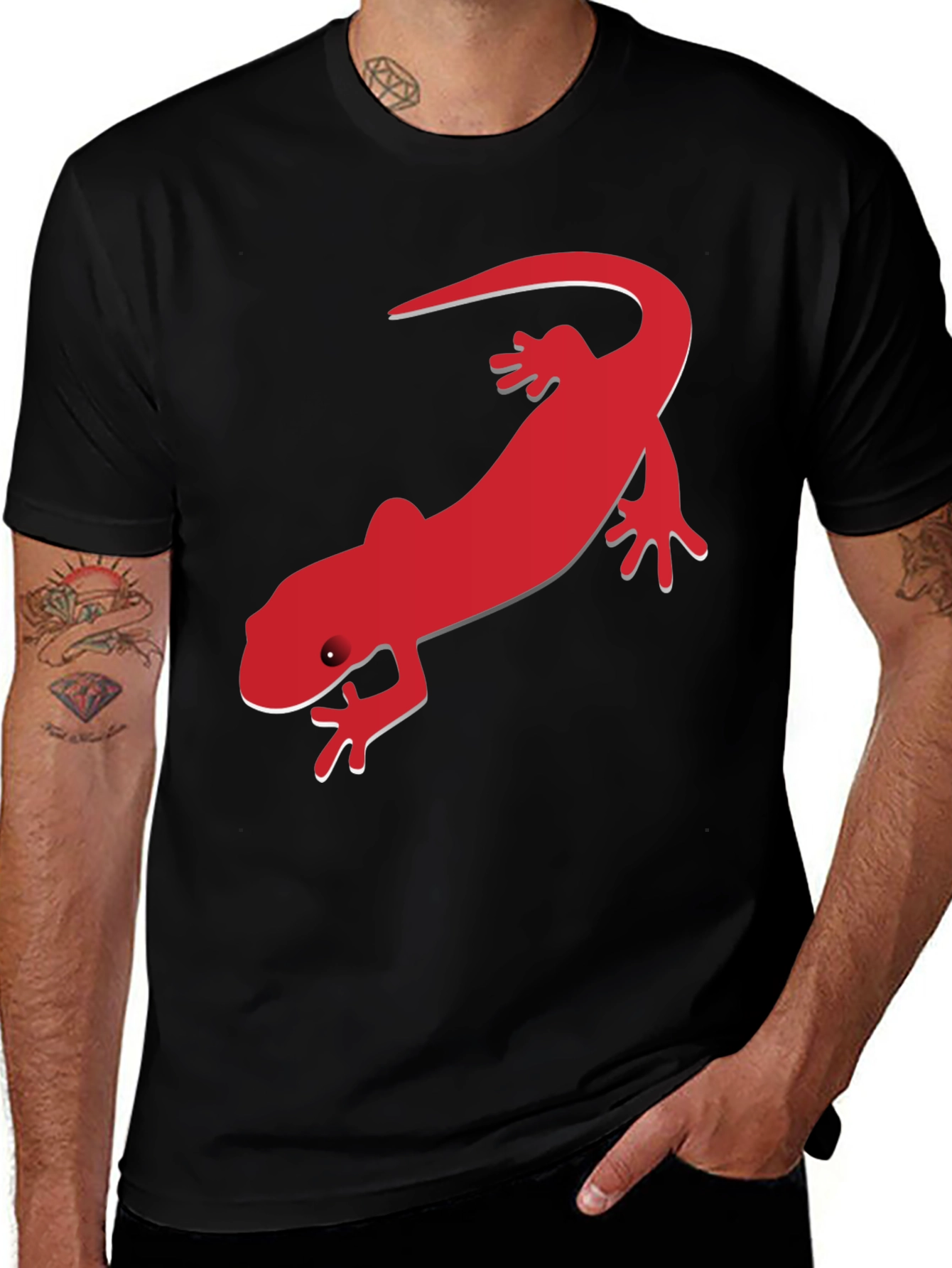 Mens Black T-Shirt with Red Lizard Print