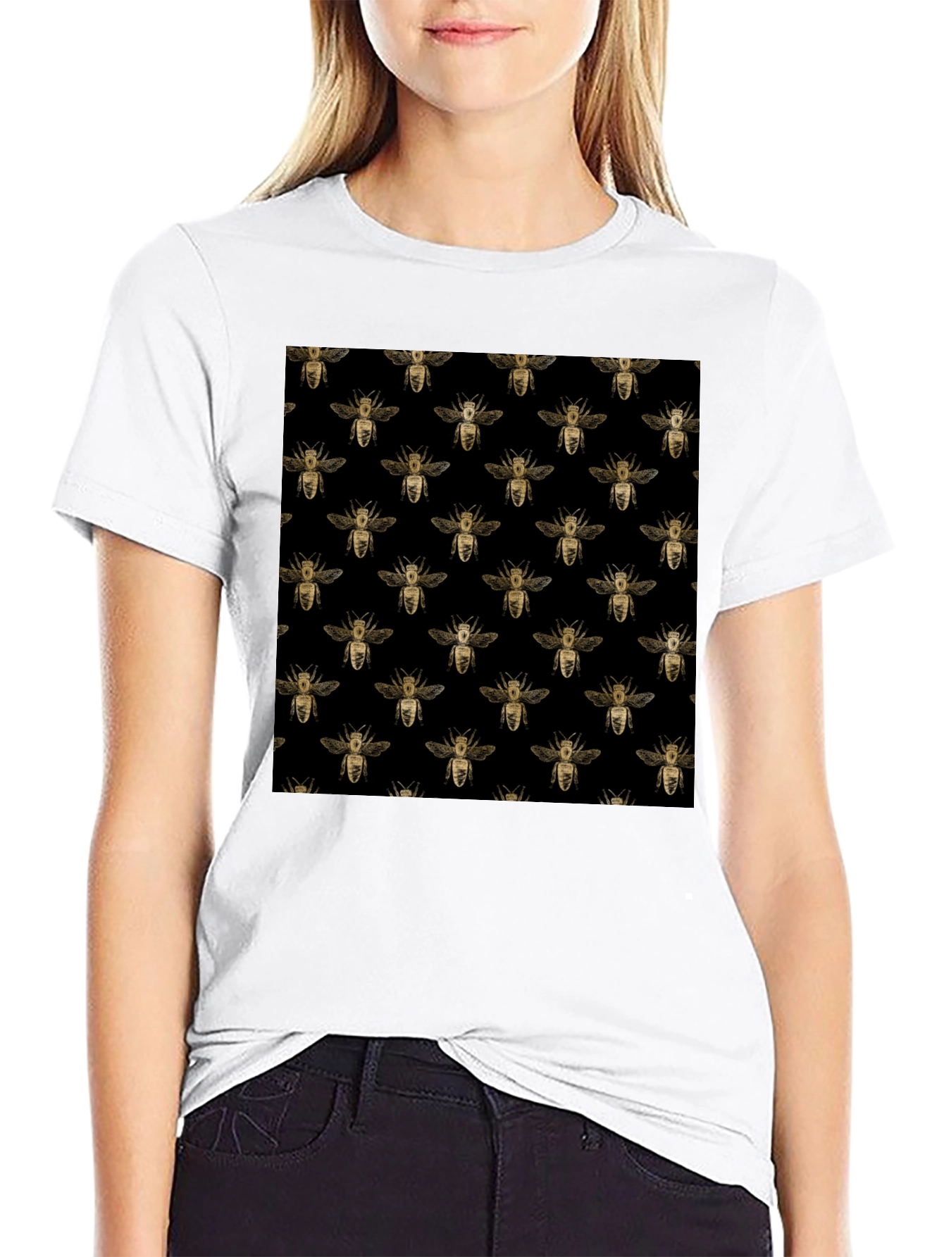 Honey Bee Pattern Black T-Shirt