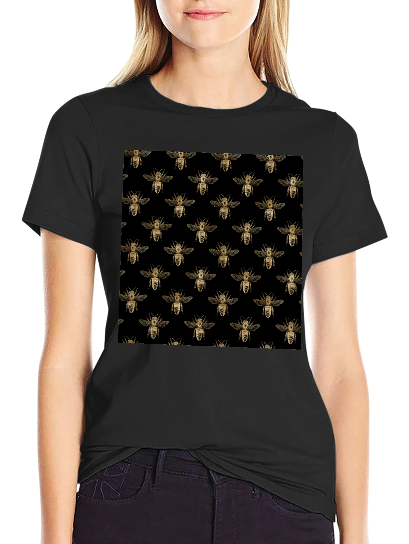 Honey Bee Pattern Black T-Shirt