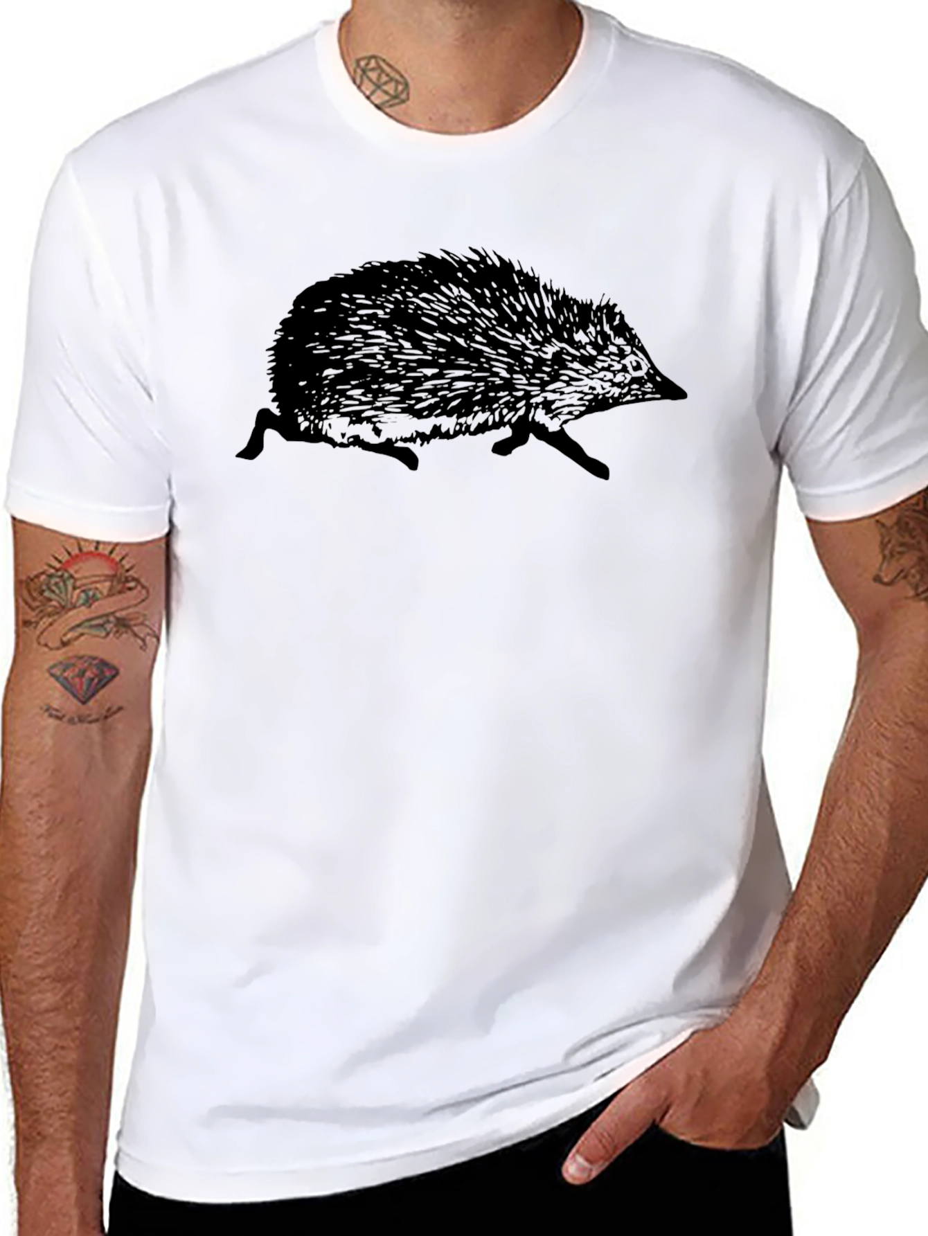 Cool Hedgehog Graphic Tee - Black Crew Neck T-Shirt