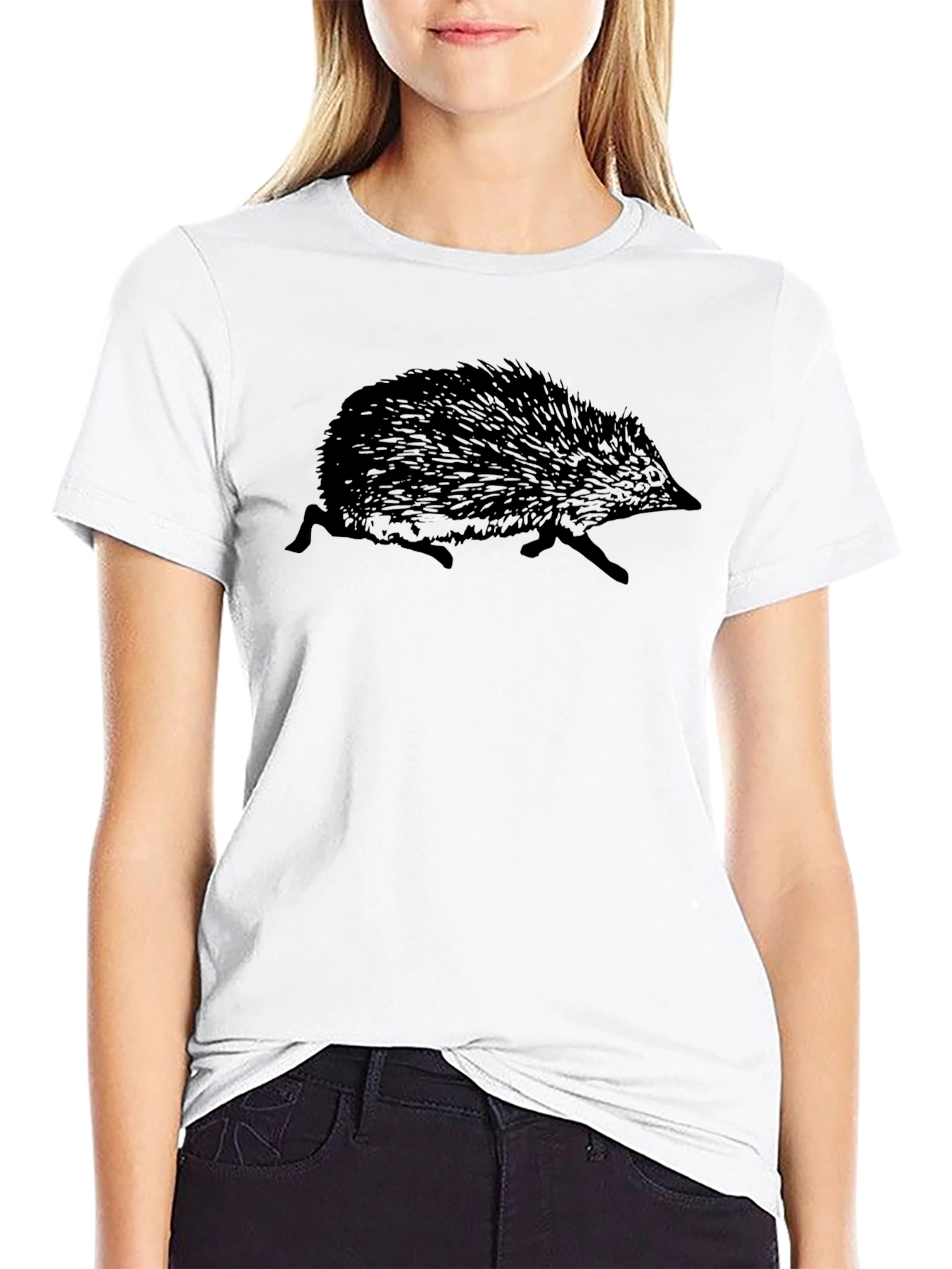 Cool Hedgehog Graphic Tee - Black Crew Neck T-Shirt