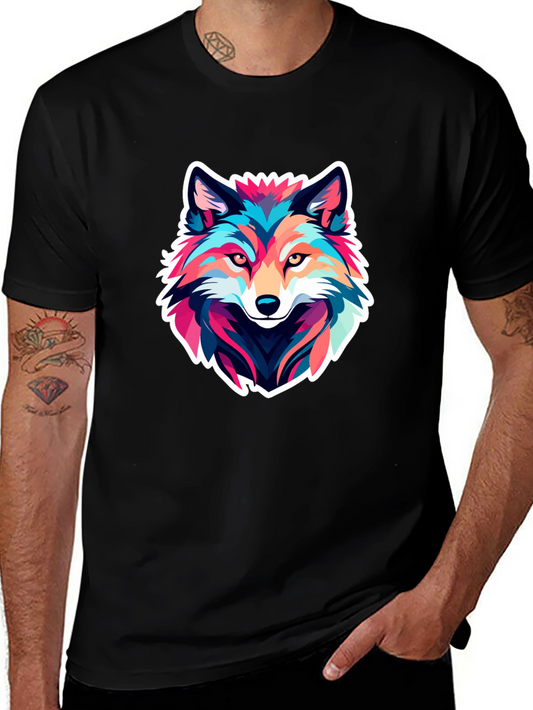 Colorful Wolf Graphic Black T-Shirt