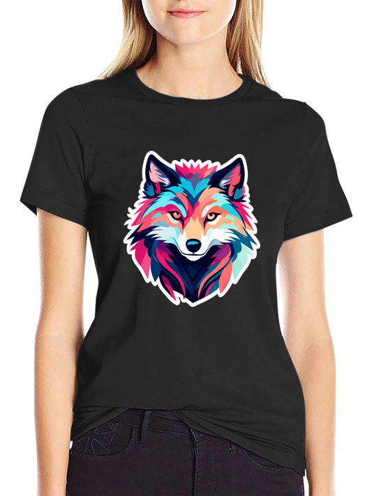 Colorful Wolf Graphic Black T-Shirt