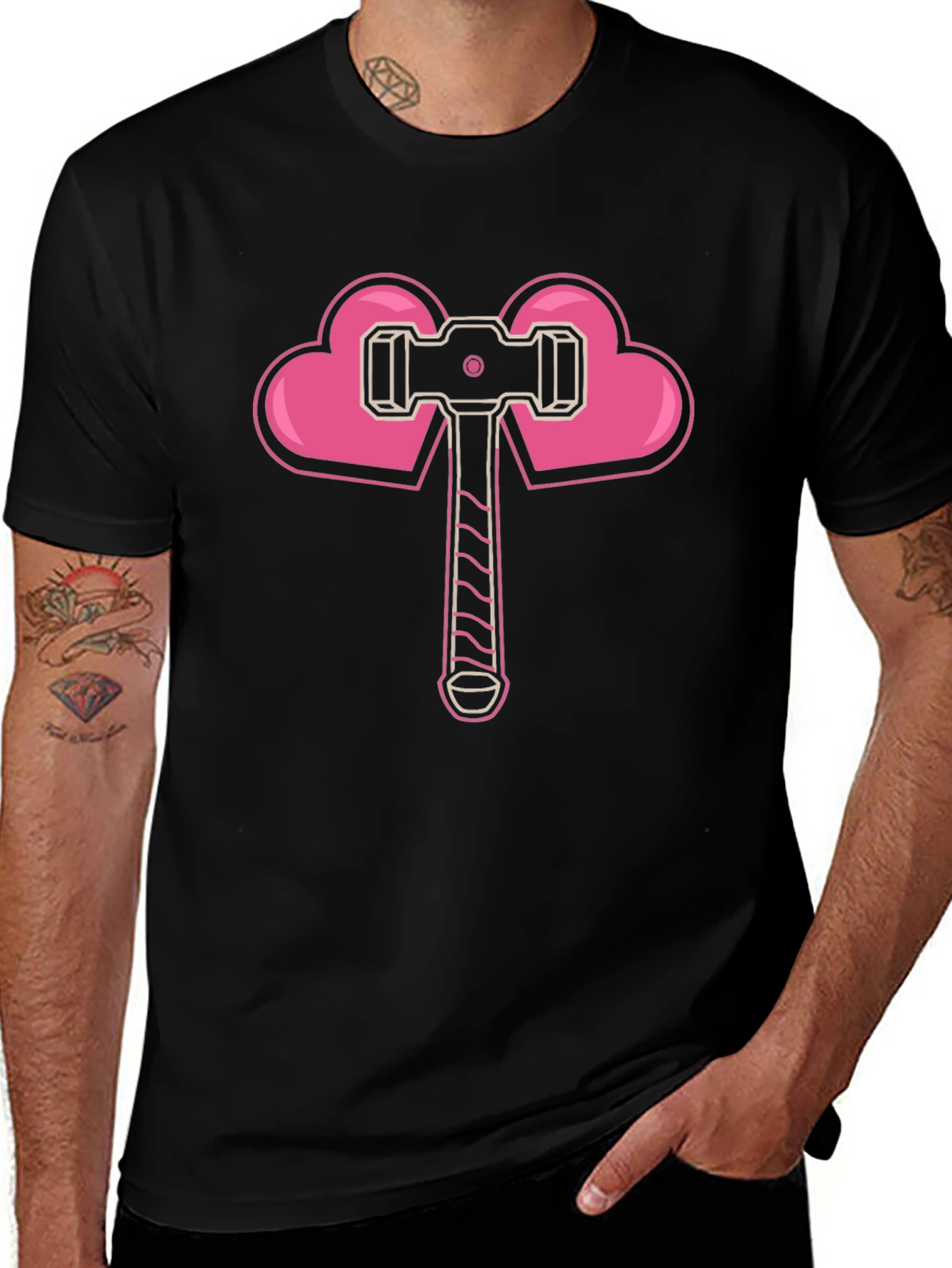 Heart Hammer Graphic Tee - Black Cotton Casual T-Shirt