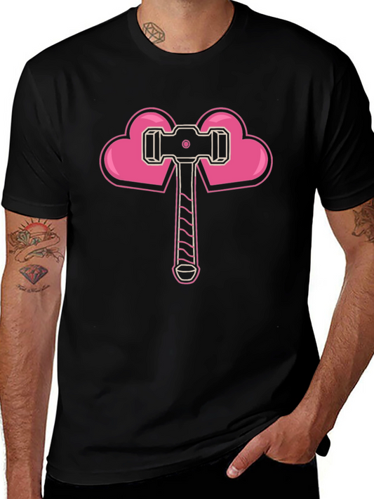 Heart Hammer Graphic Tee - Black Cotton Casual T-Shirt