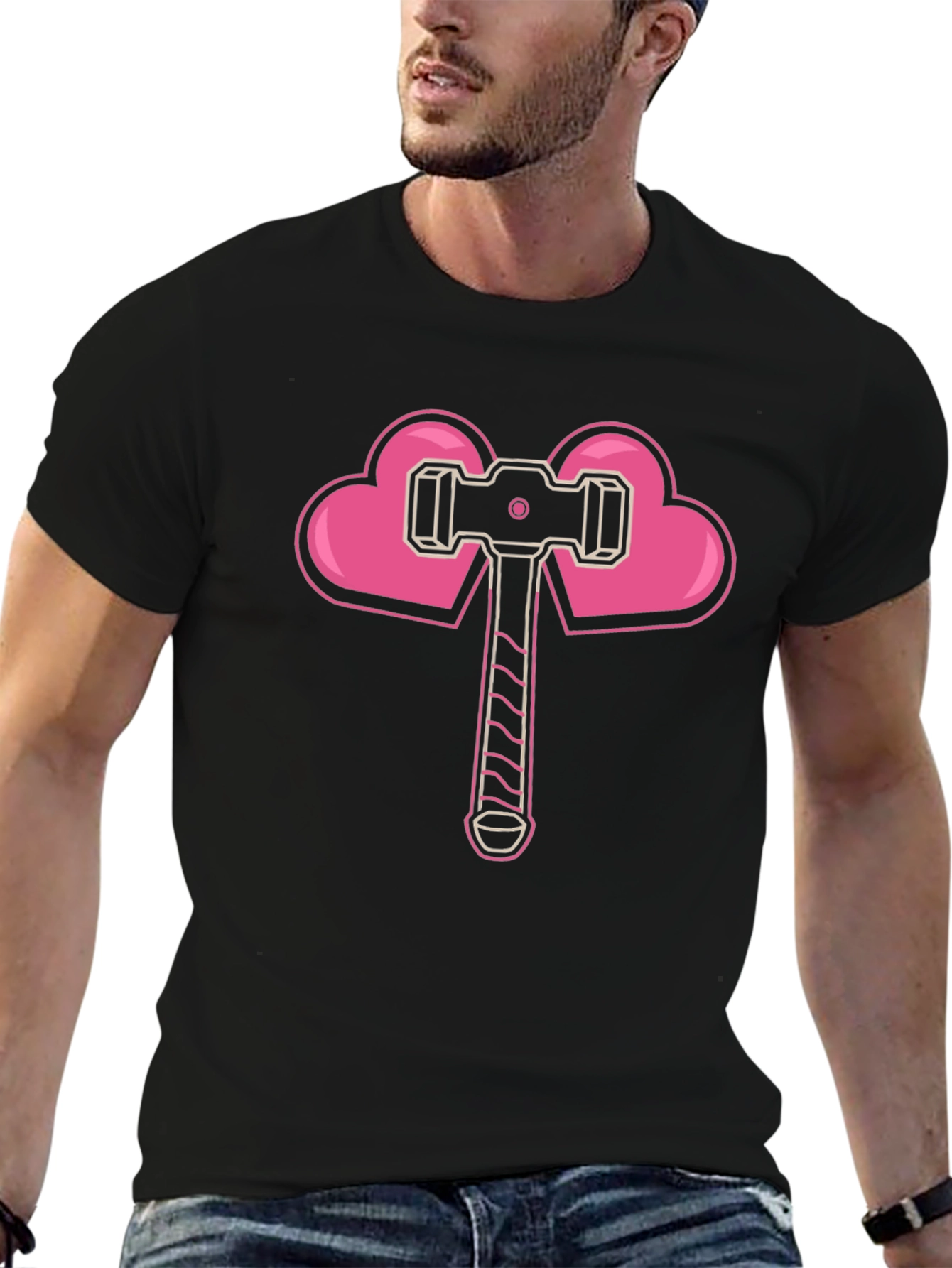 Heart Hammer Graphic Tee - Black Cotton Casual T-Shirt