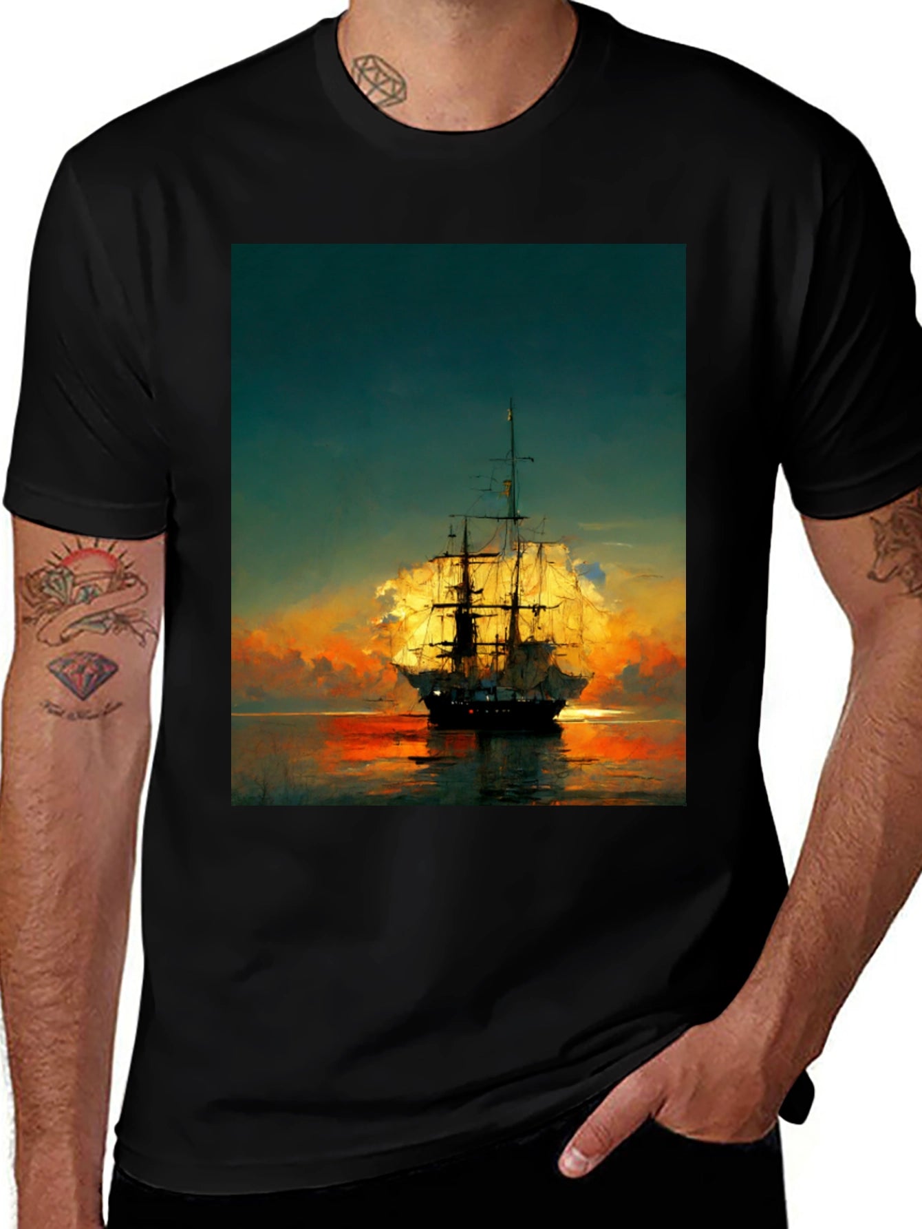 Sailing Ship Sunset Graphic T-Shirt