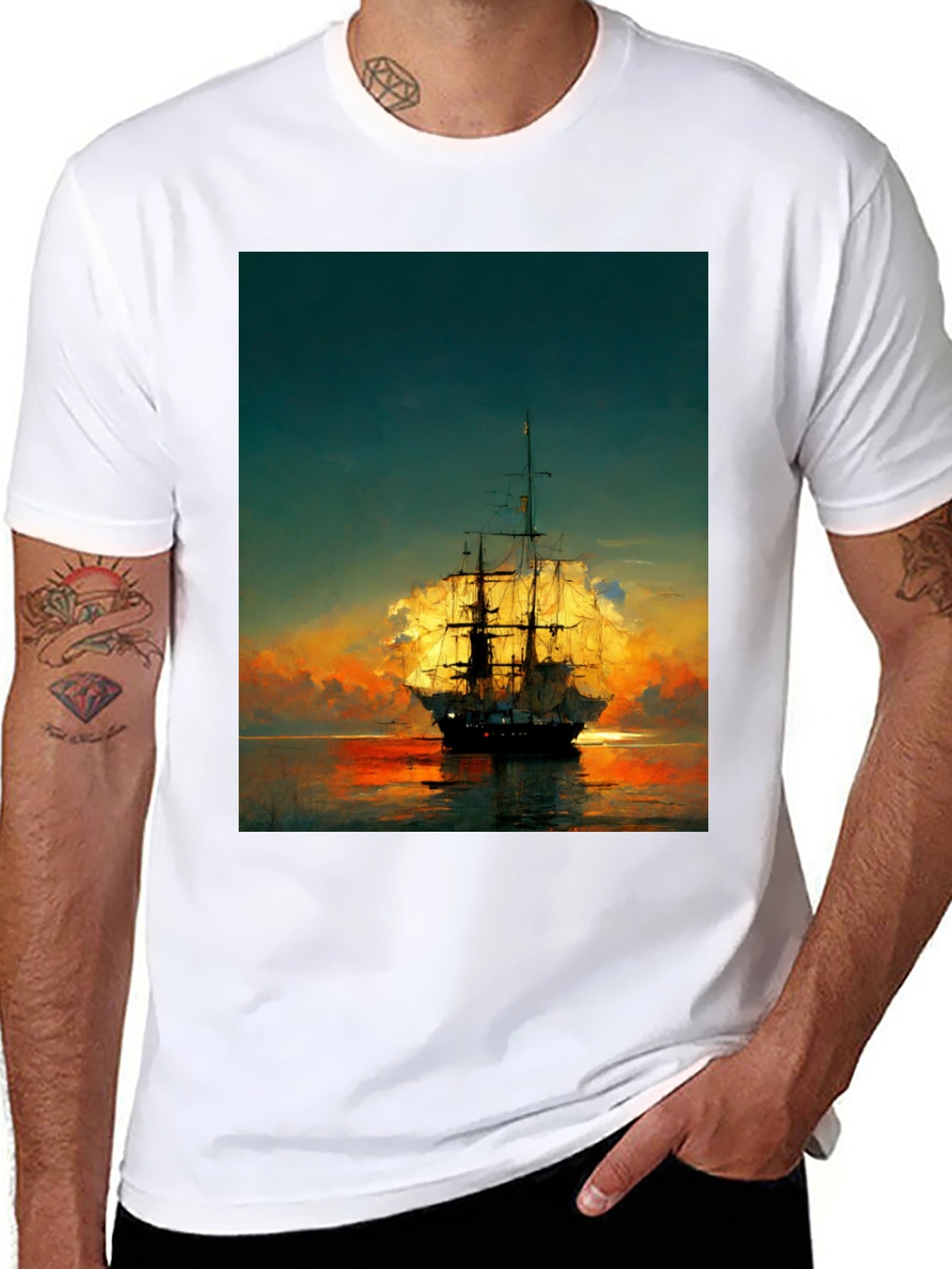 Sailing Ship Sunset Graphic T-Shirt