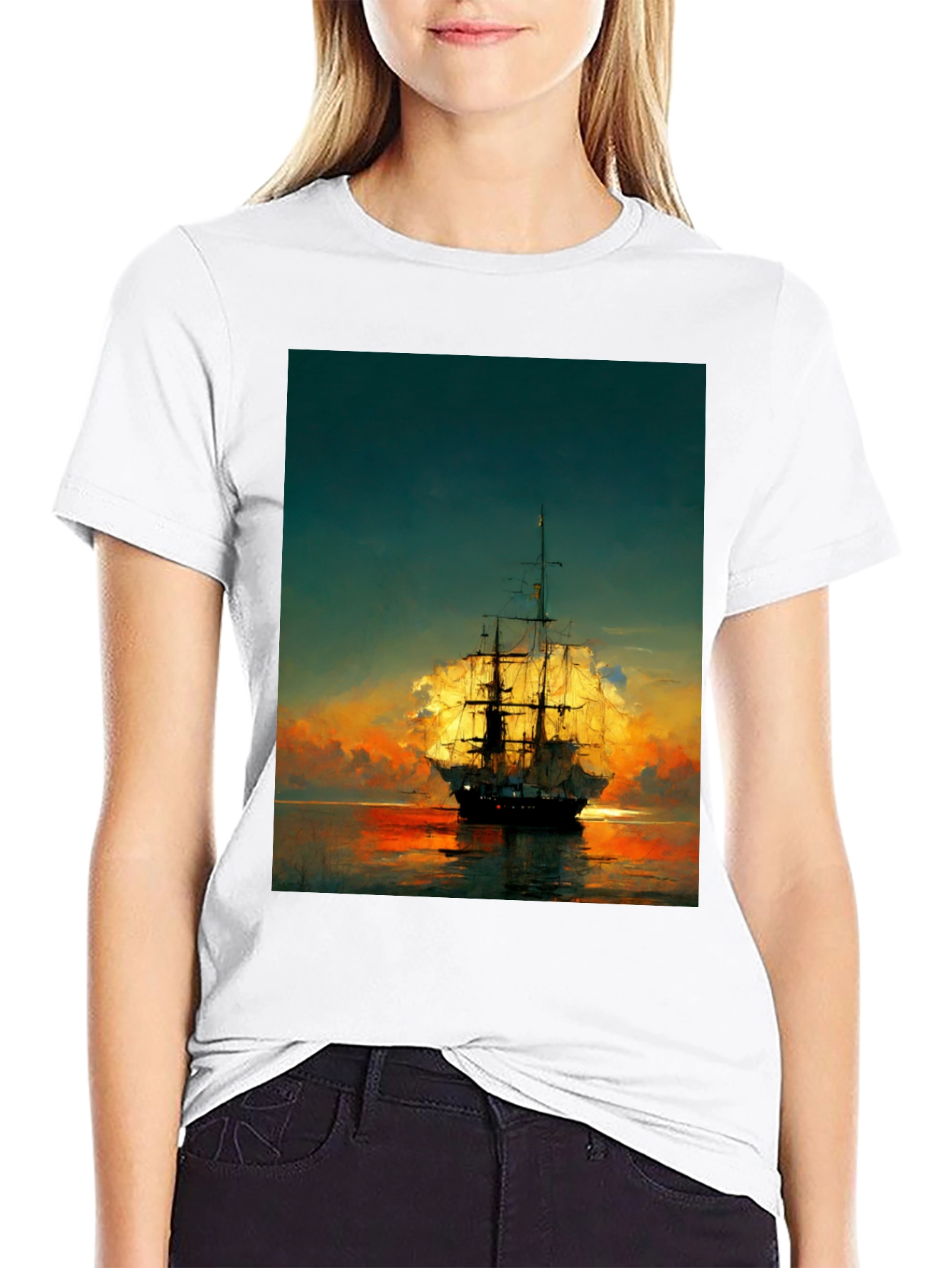 Sailing Ship Sunset Graphic T-Shirt