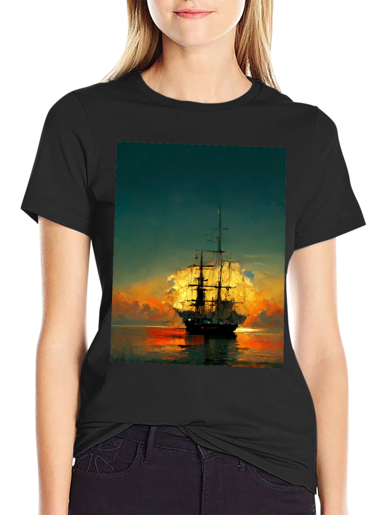 Sailing Ship Sunset Graphic T-Shirt