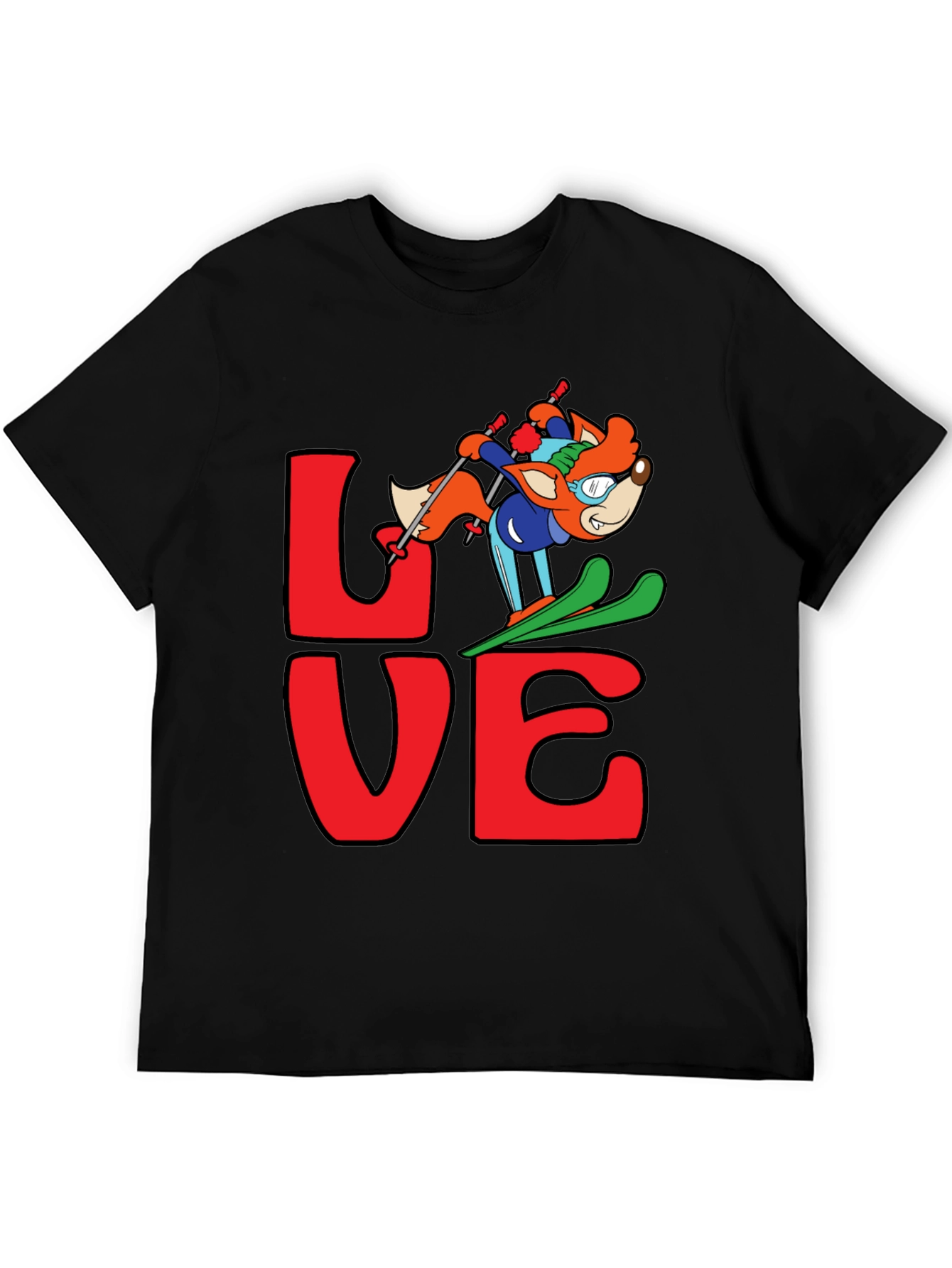 LOVE Skiing Fox Graphic T-Shirt - Black