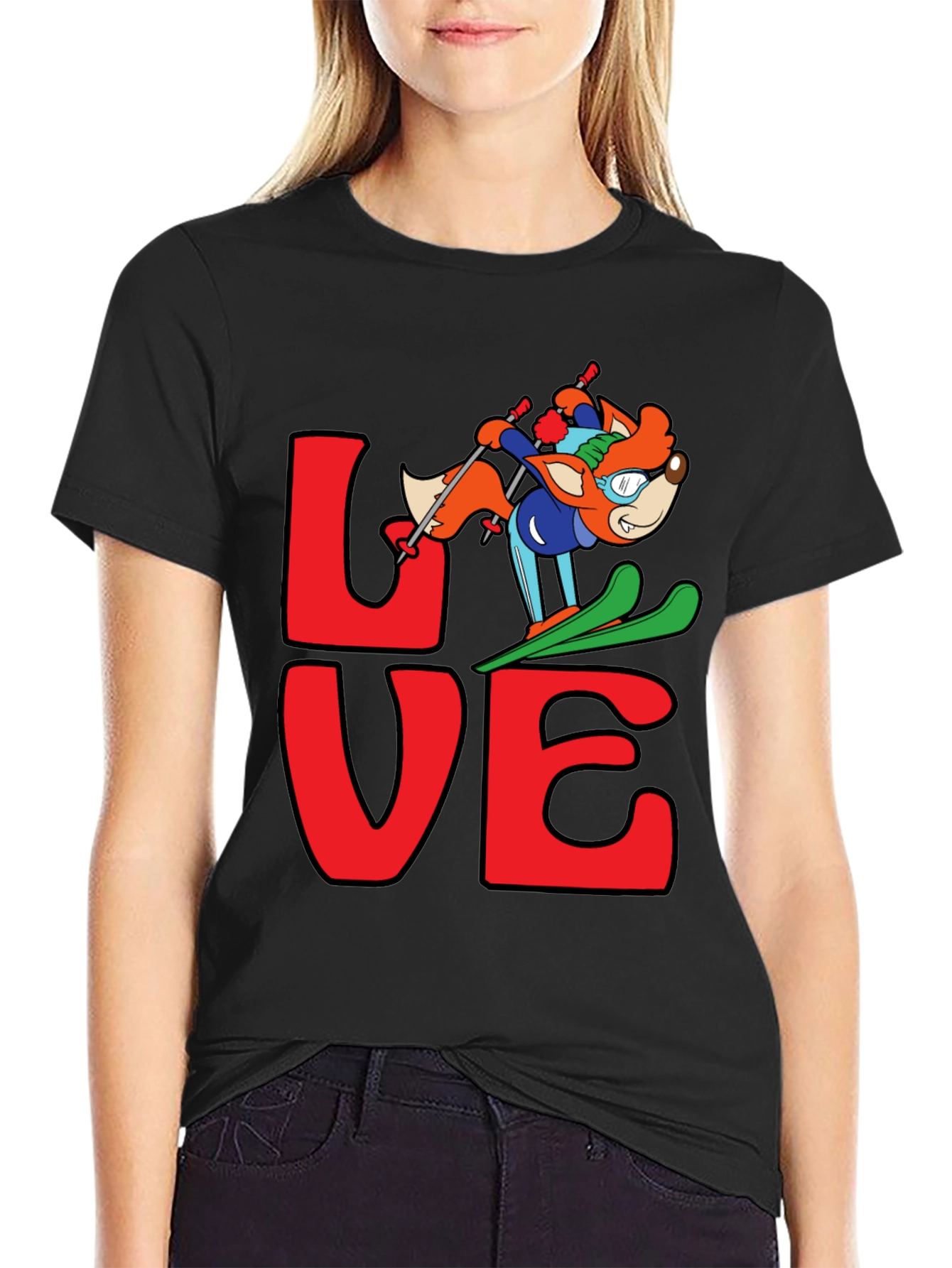 LOVE Skiing Fox Graphic T-Shirt - Black