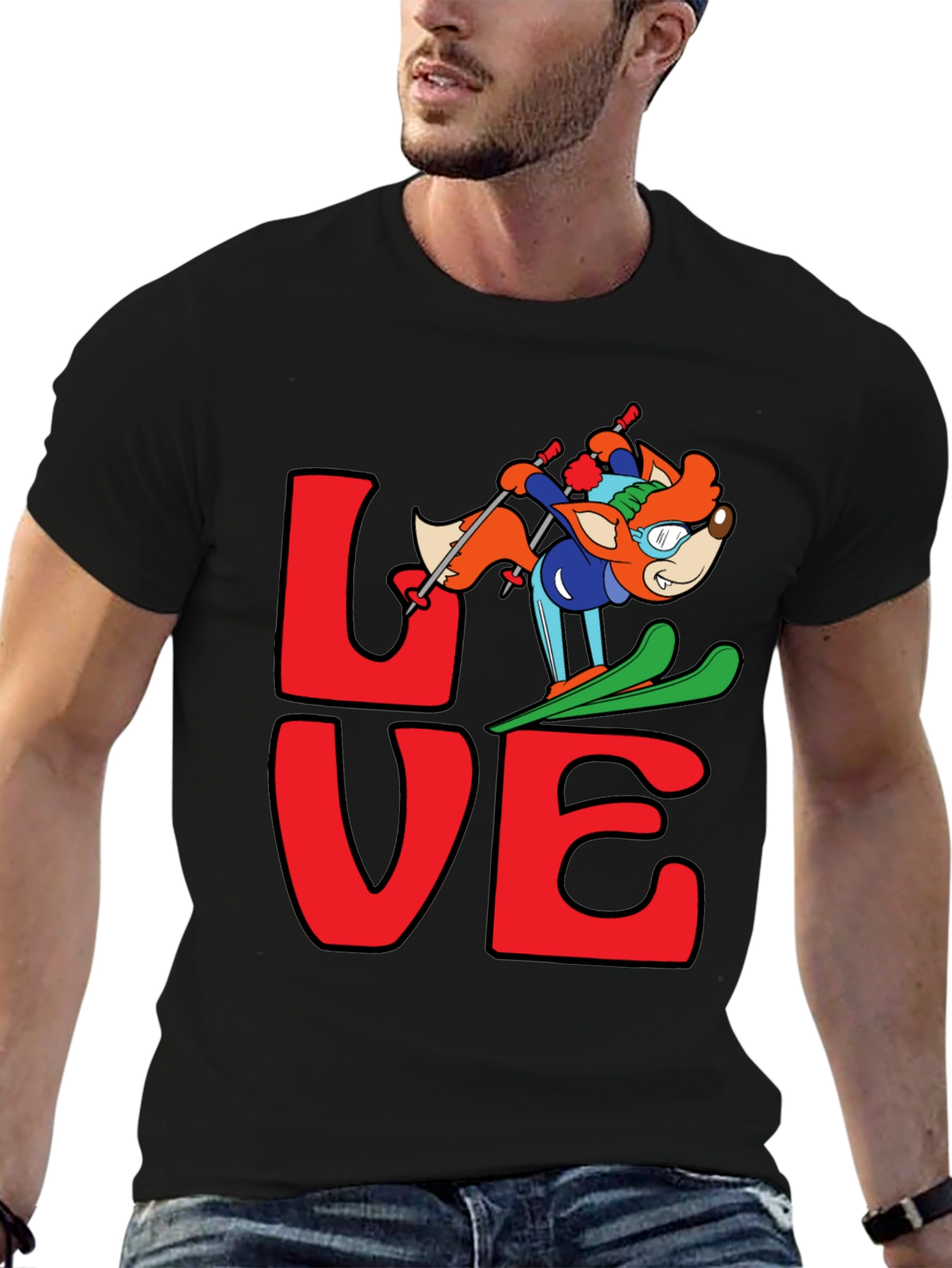 LOVE Skiing Fox Graphic T-Shirt - Black