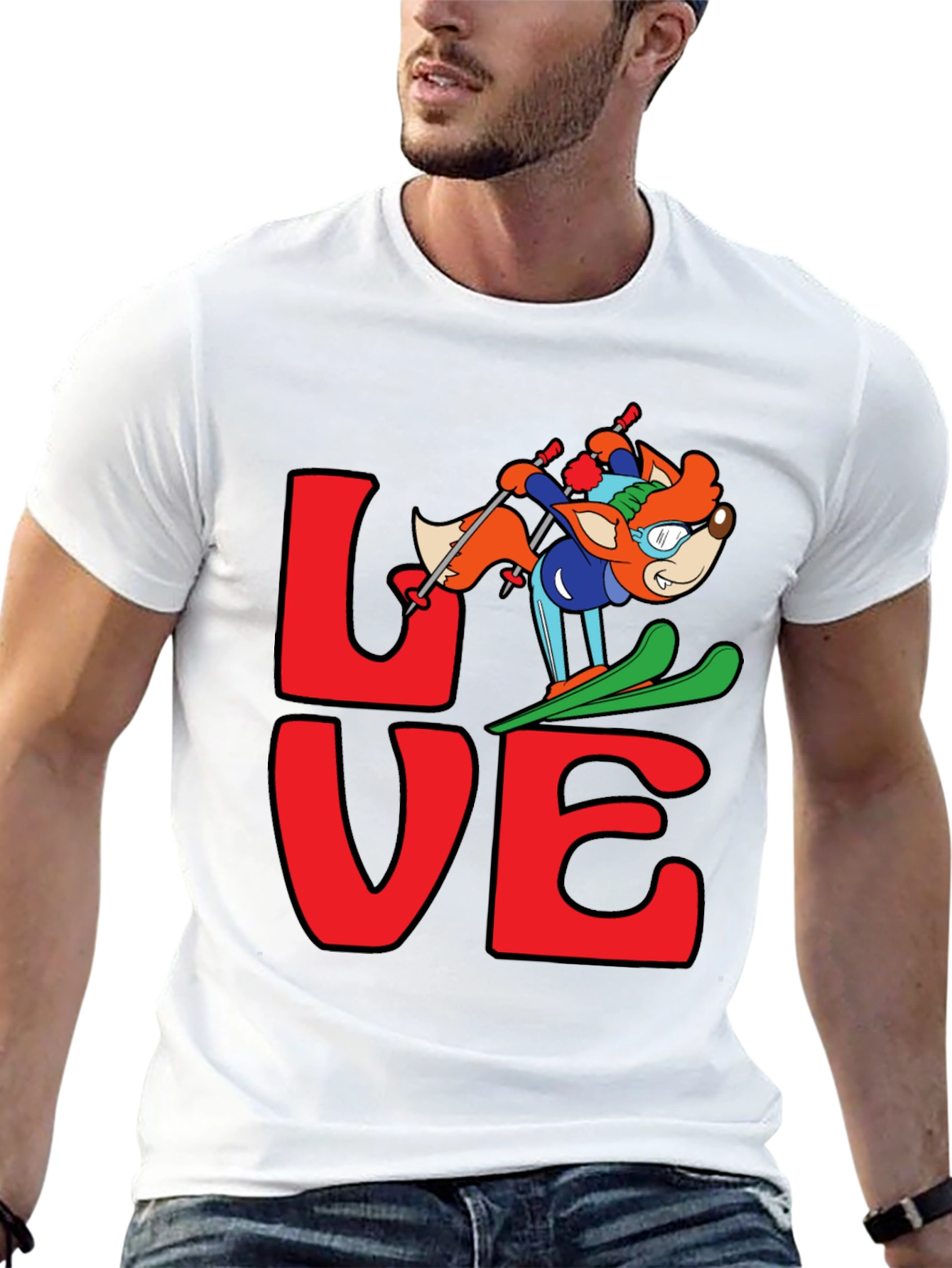 LOVE Skiing Fox Graphic T-Shirt - Black