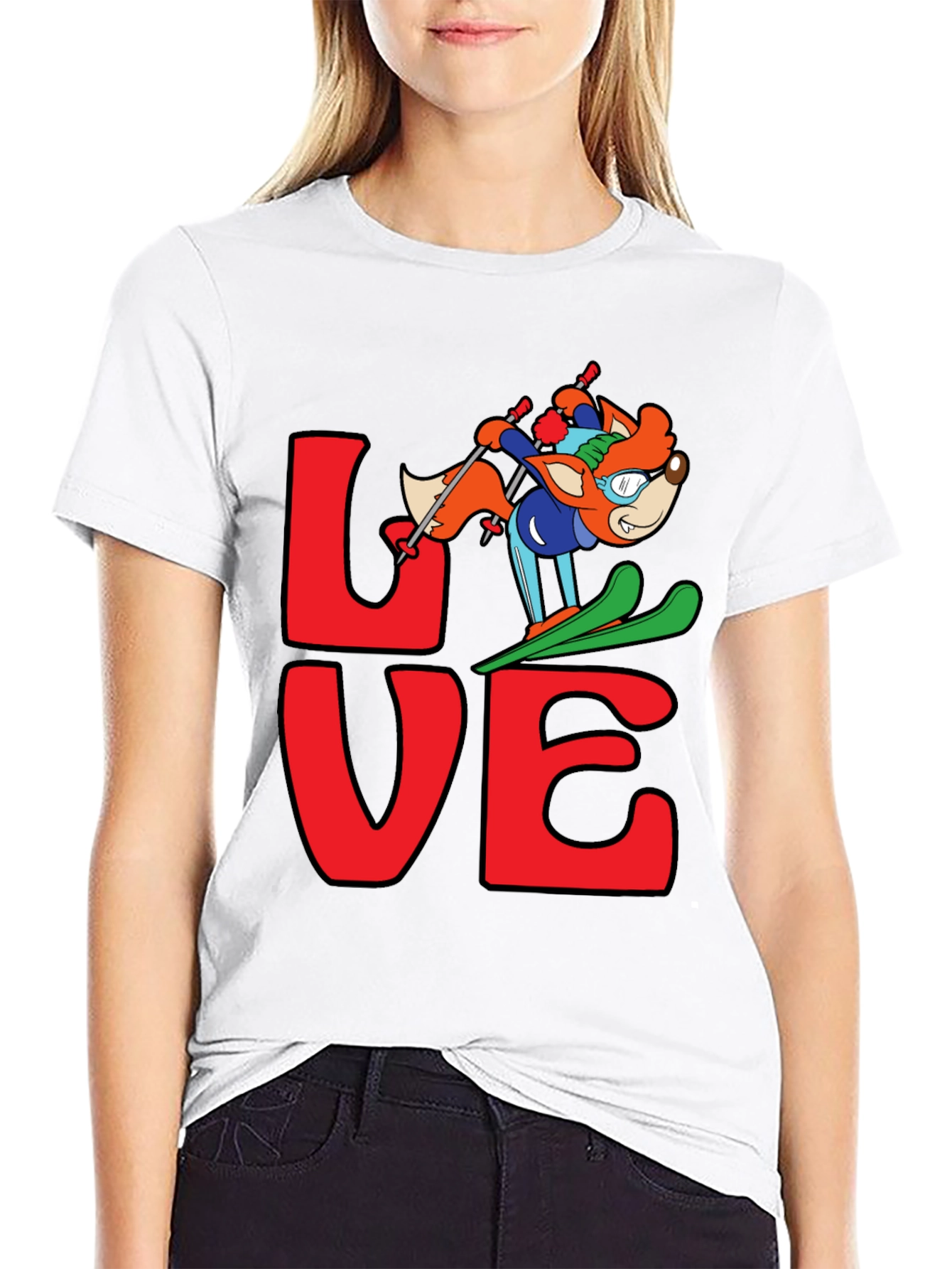 LOVE Skiing Fox Graphic T-Shirt - Black