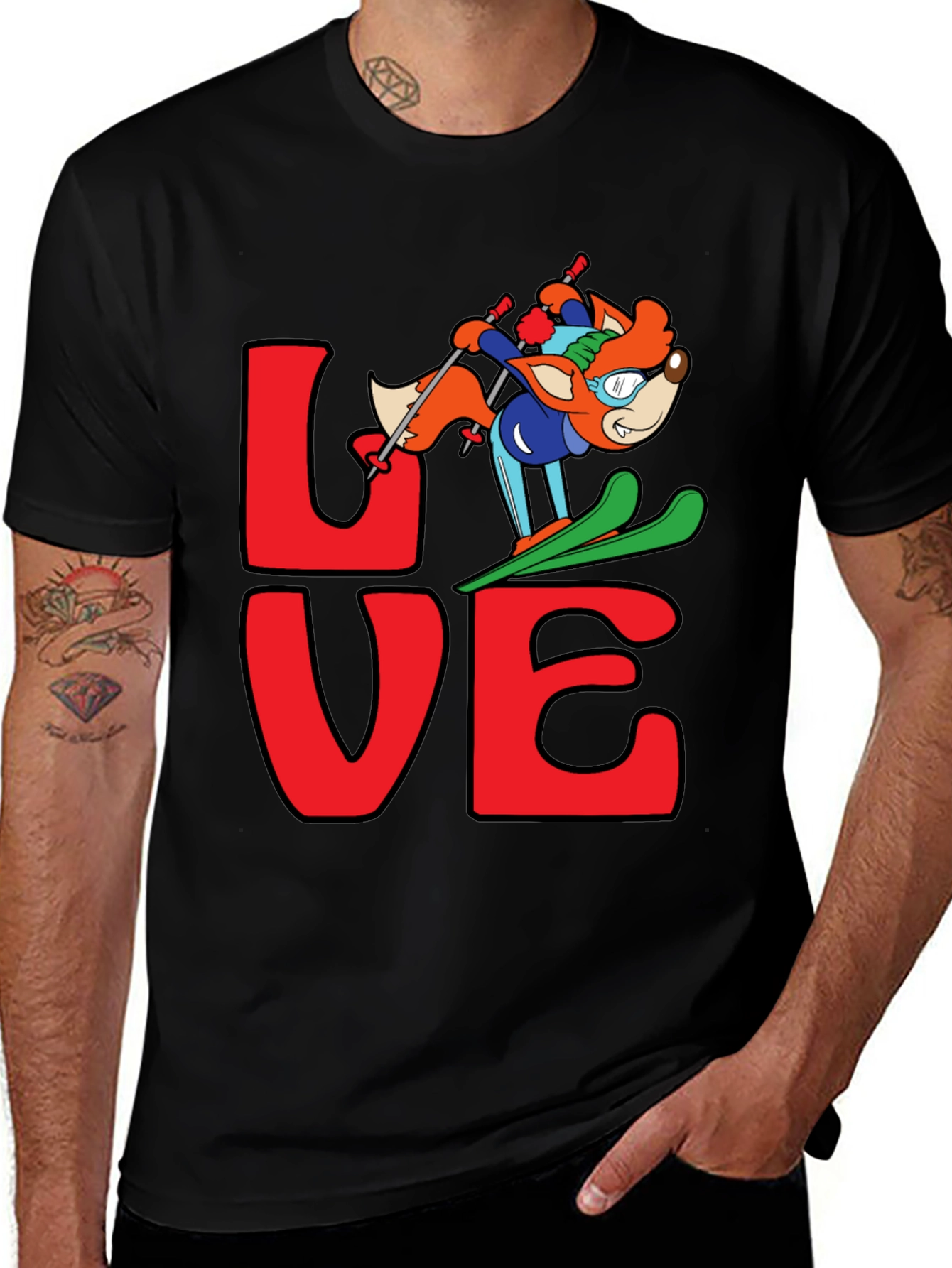 LOVE Skiing Fox Graphic T-Shirt - Black