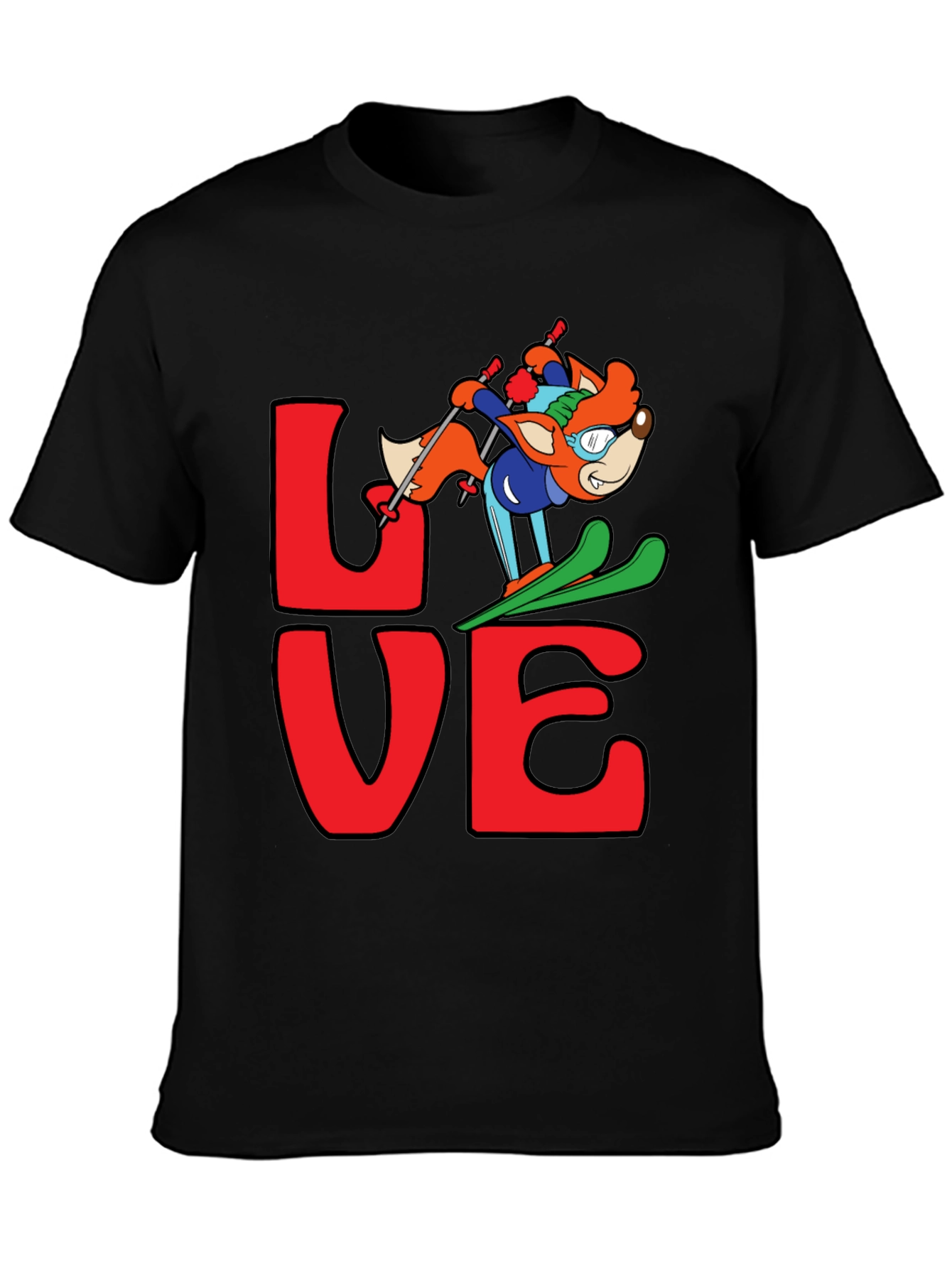 LOVE Skiing Fox Graphic T-Shirt - Black
