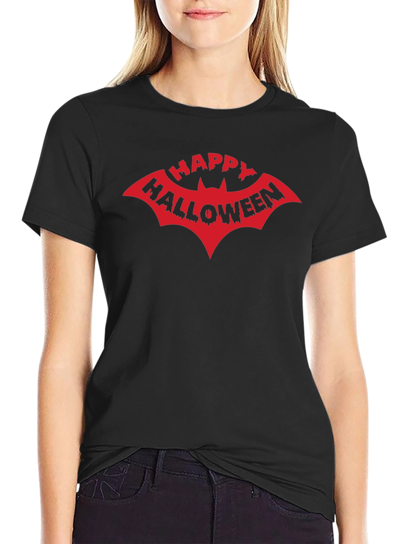 Happy Halloween Bat Graphic Tee - Black