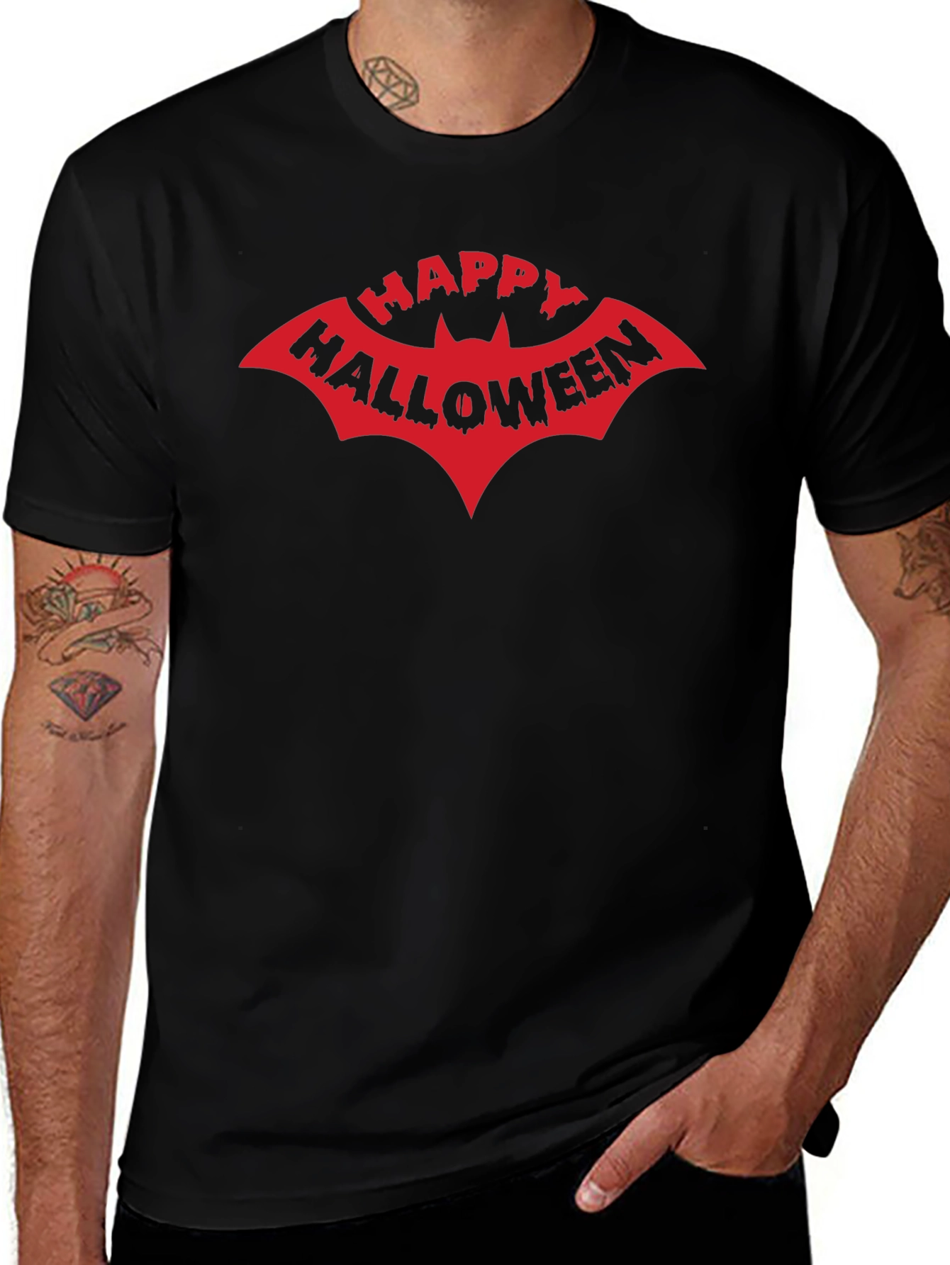 Happy Halloween Bat Graphic Tee - Black