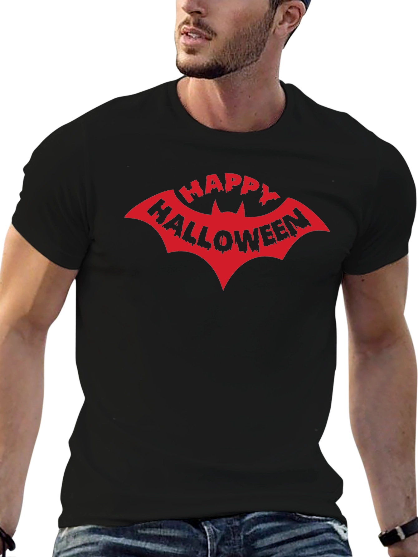 Happy Halloween Bat Graphic Tee - Black