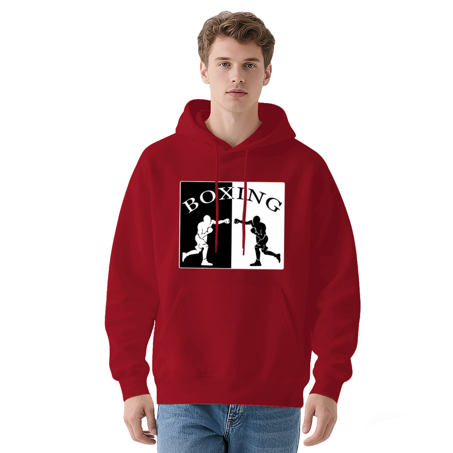 Split Boxing Silhouette Black Hoodie, Unisex Sporty Relax Fit Cozy Top