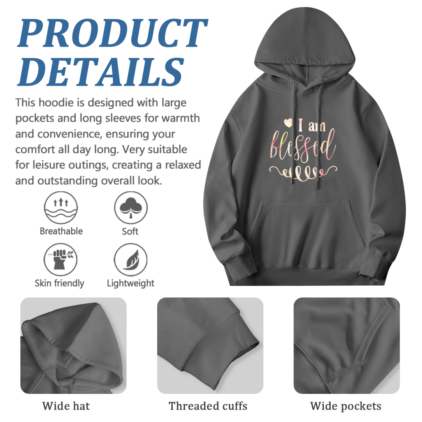 Elegant I Am Blessed Cursive Script Hoodie, Cozy Faith Casual Sweatshirt