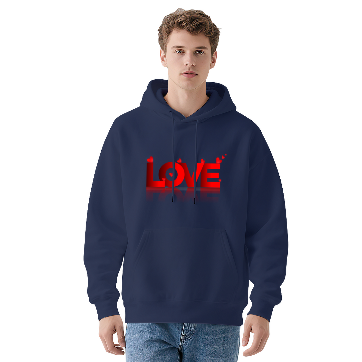 Bold 3D Red LOVE Heart Graphic Black Hoodie, Unisex Cozy Daily Pullover