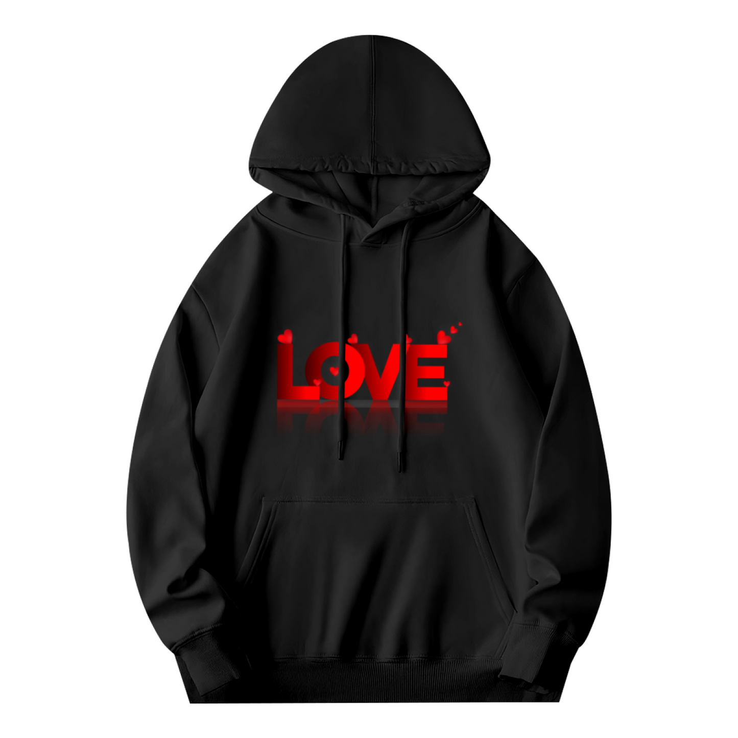 Bold 3D Red LOVE Heart Graphic Black Hoodie, Unisex Cozy Daily Pullover