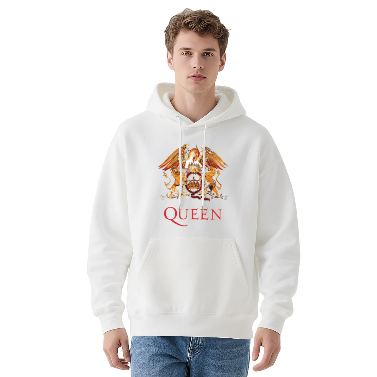 Queen Band Classic Crest Graphic Hoodie, Rock Fan Cozy Navy Pullover