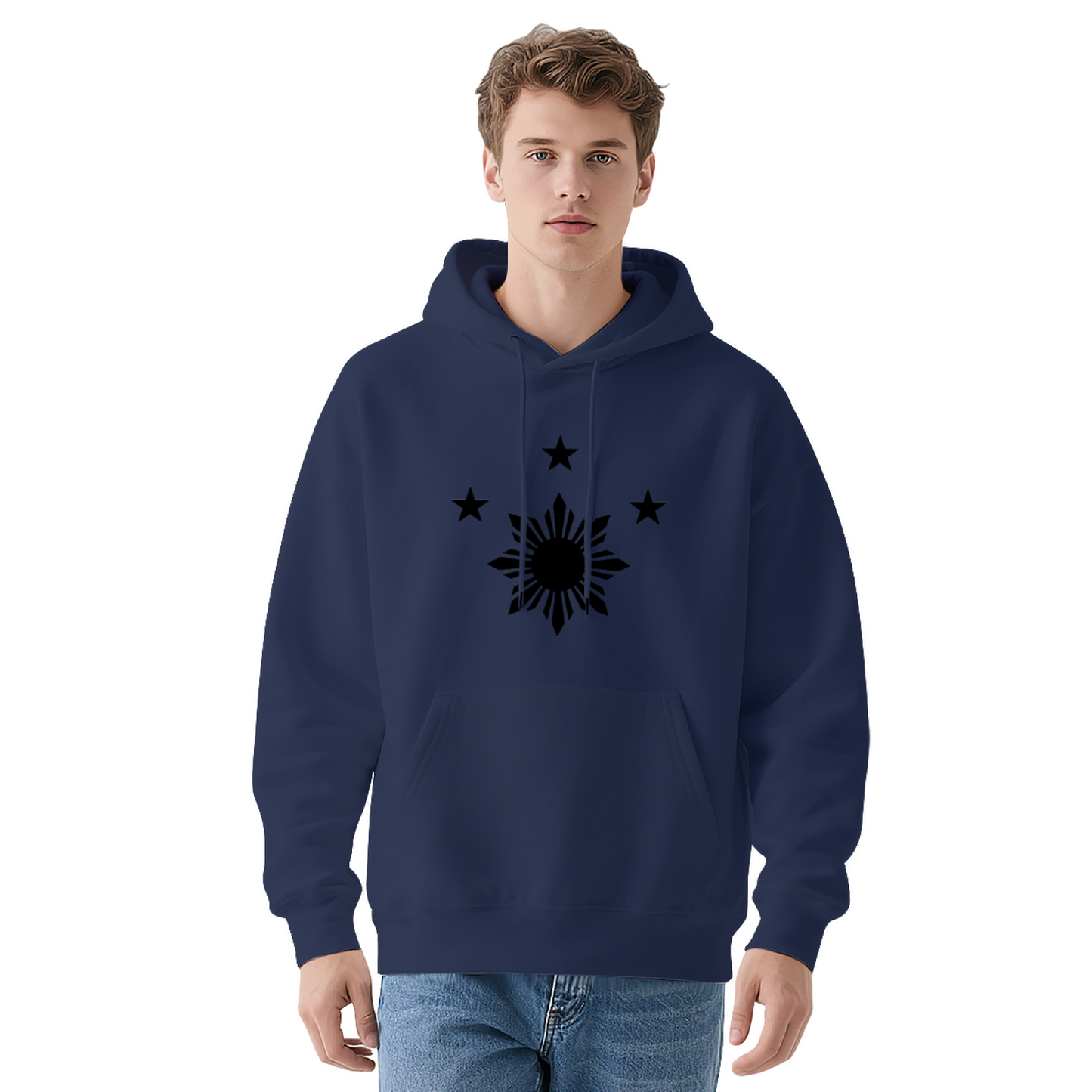 Philippine Sun Three Stars Graphic White Hoodie, Men Casual Soft Comfort Pullover