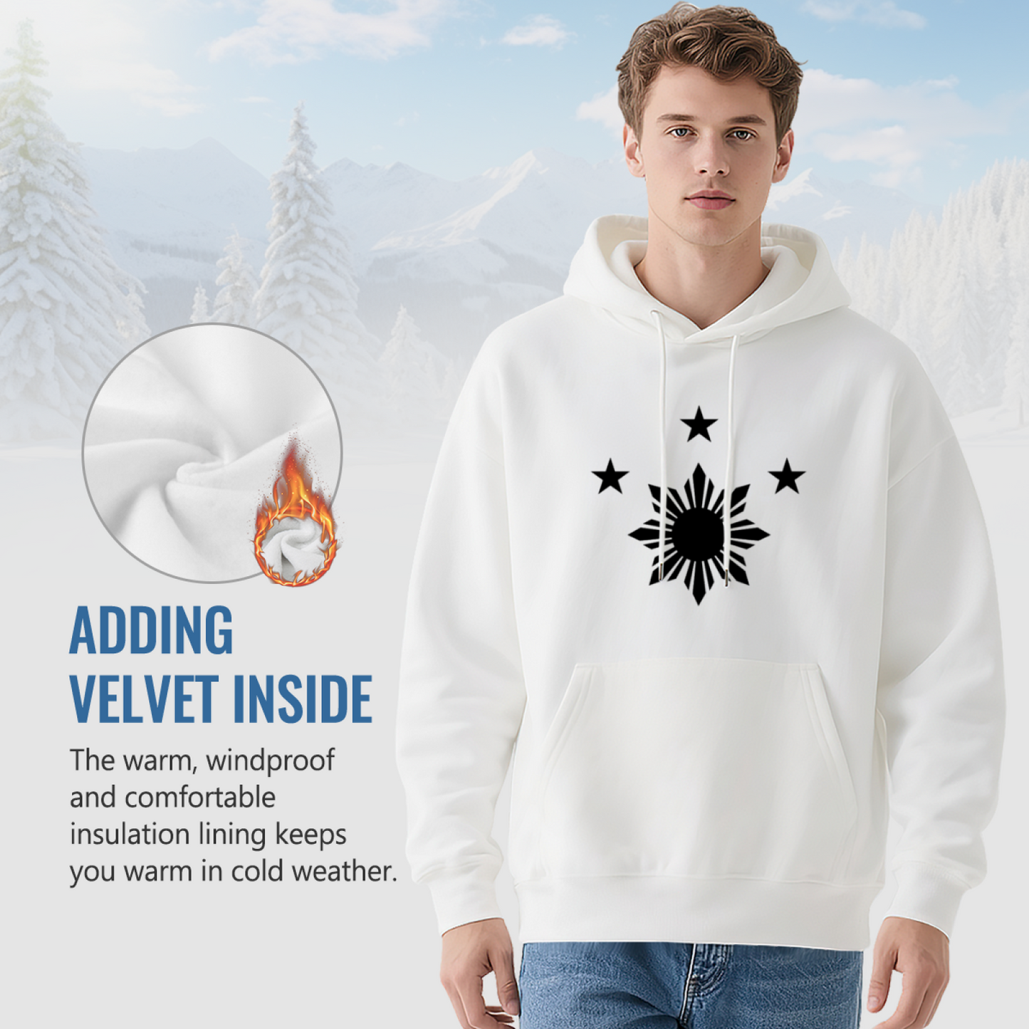 Philippine Sun Three Stars Graphic White Hoodie, Men Casual Soft Comfort Pullover