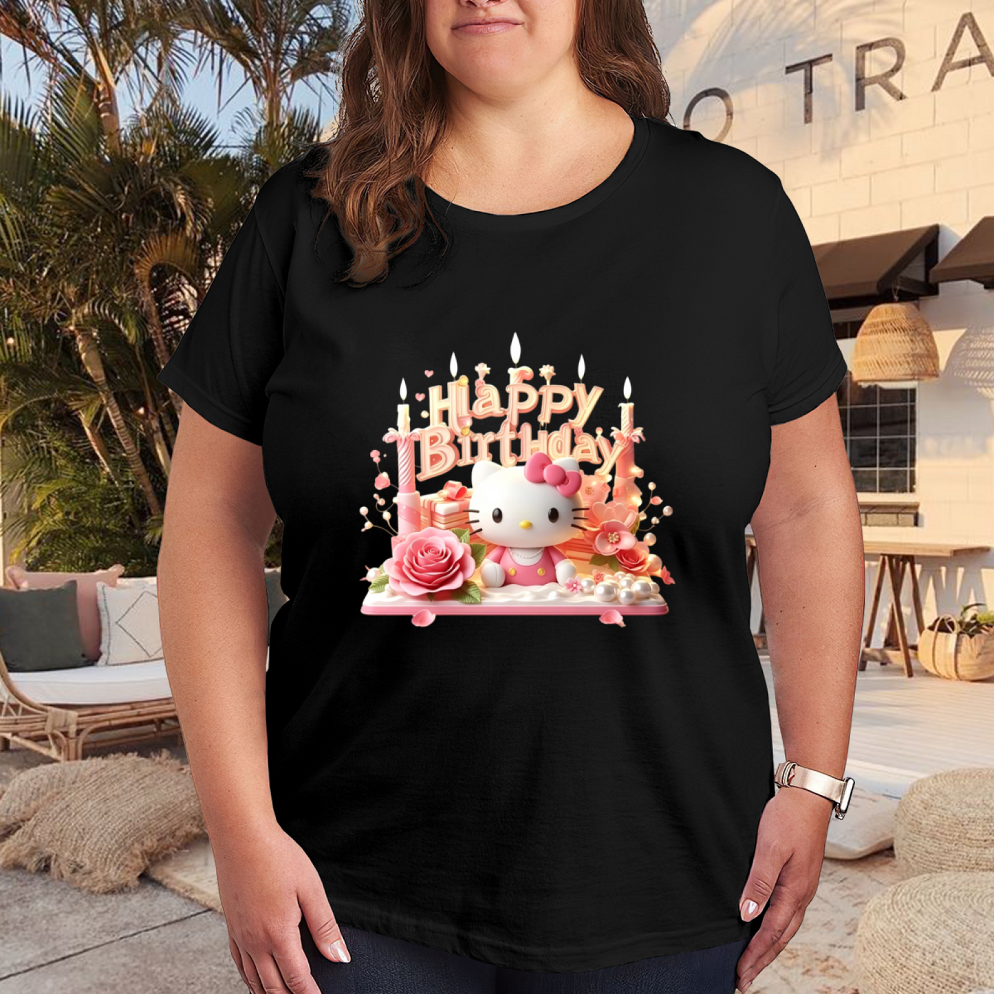 Happy Birthday Hello Kitty Festive Plus?Size Black T?Shirt