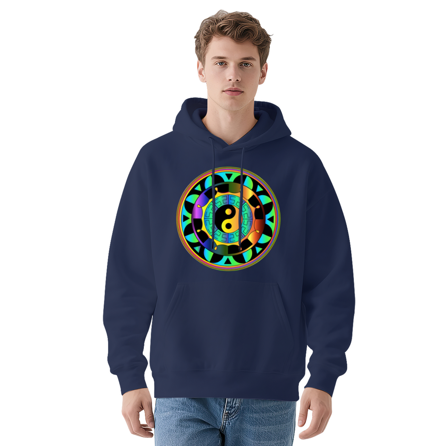 Rainbow Yin Yang Mandala Print Black Hoodie, Spiritual Soft Comfort Hooded Top