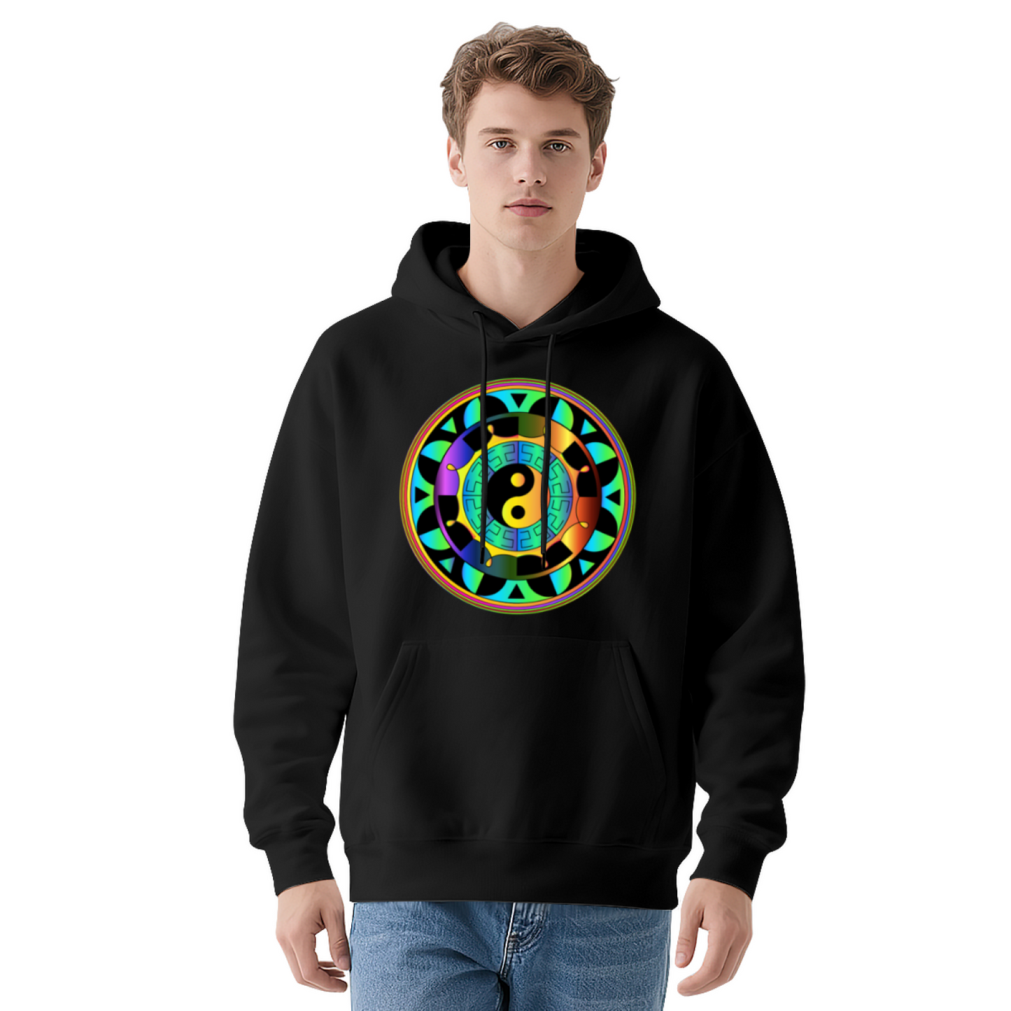 Rainbow Yin Yang Mandala Print Black Hoodie, Spiritual Soft Comfort Hooded Top