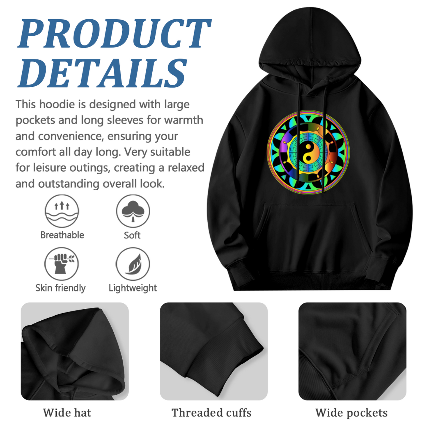 Rainbow Yin Yang Mandala Print Black Hoodie, Spiritual Soft Comfort Hooded Top