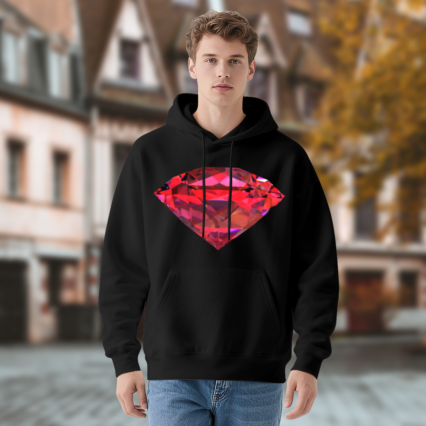 Shiny Red Ruby Diamond Black Hoodie, Unisex Fashion Comfort Hooded Top