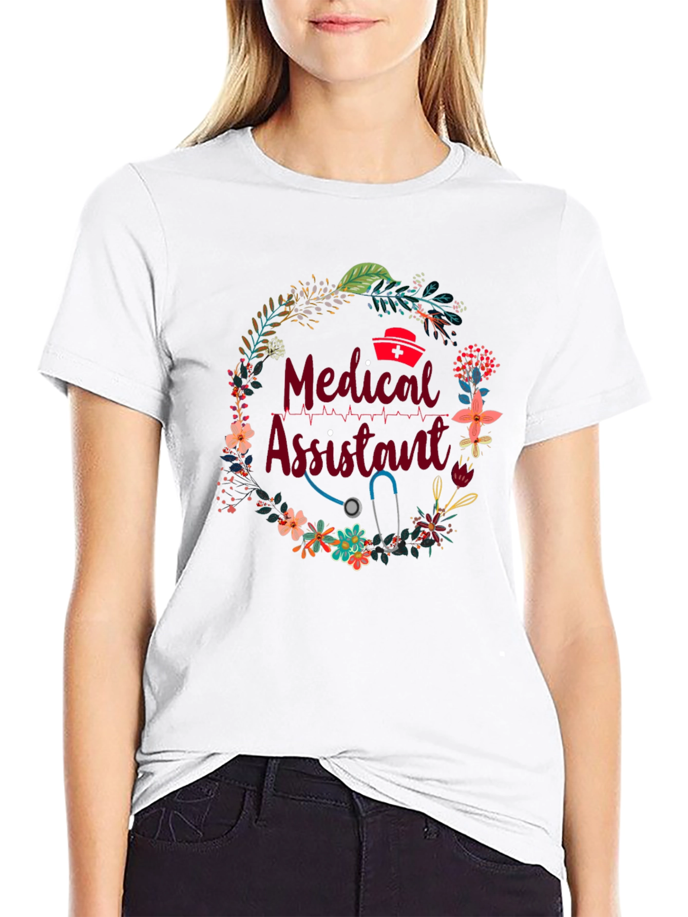 Medical Assistant Floral Wreath Black T-Shirt