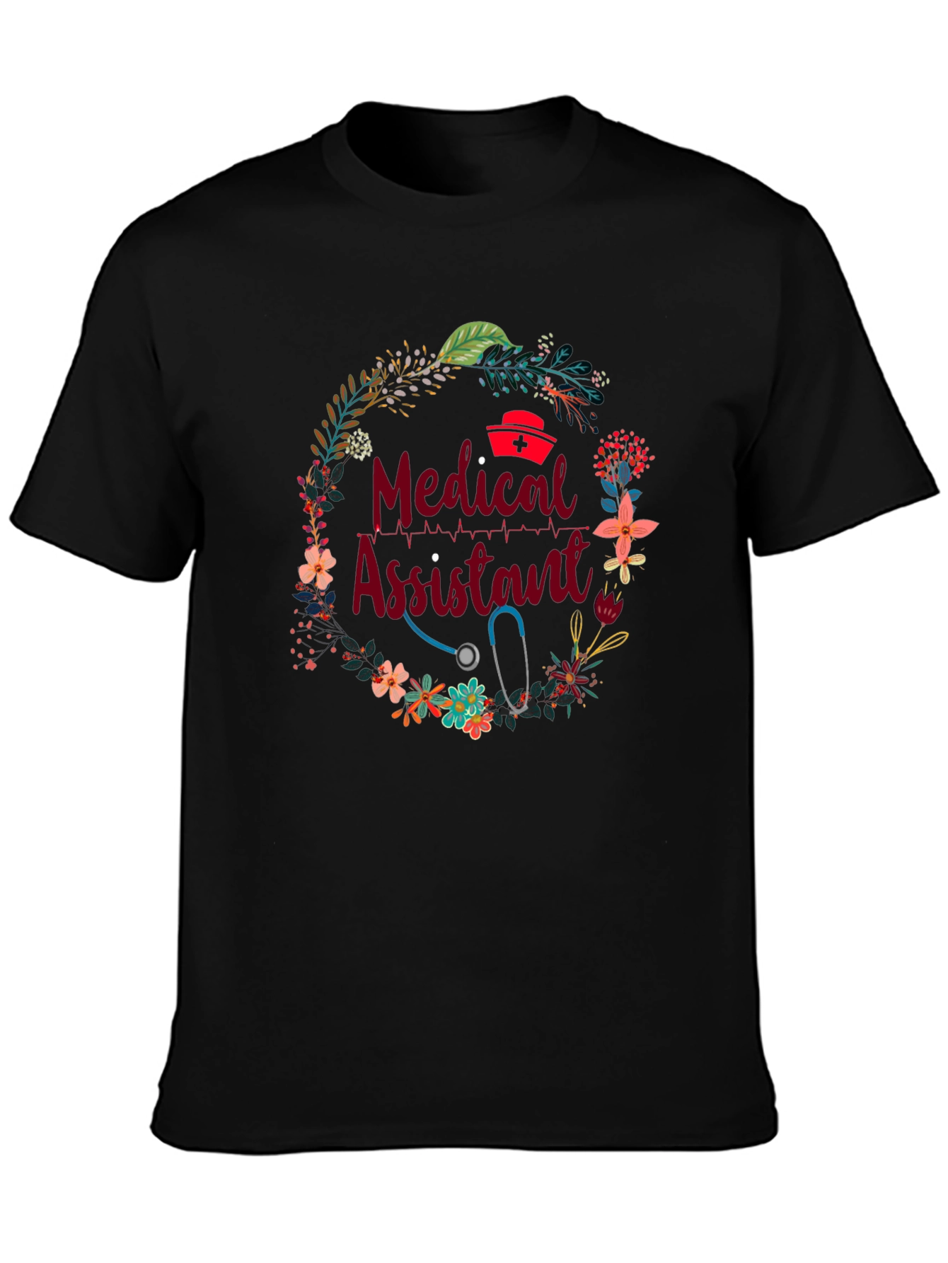 Medical Assistant Floral Wreath Black T-Shirt