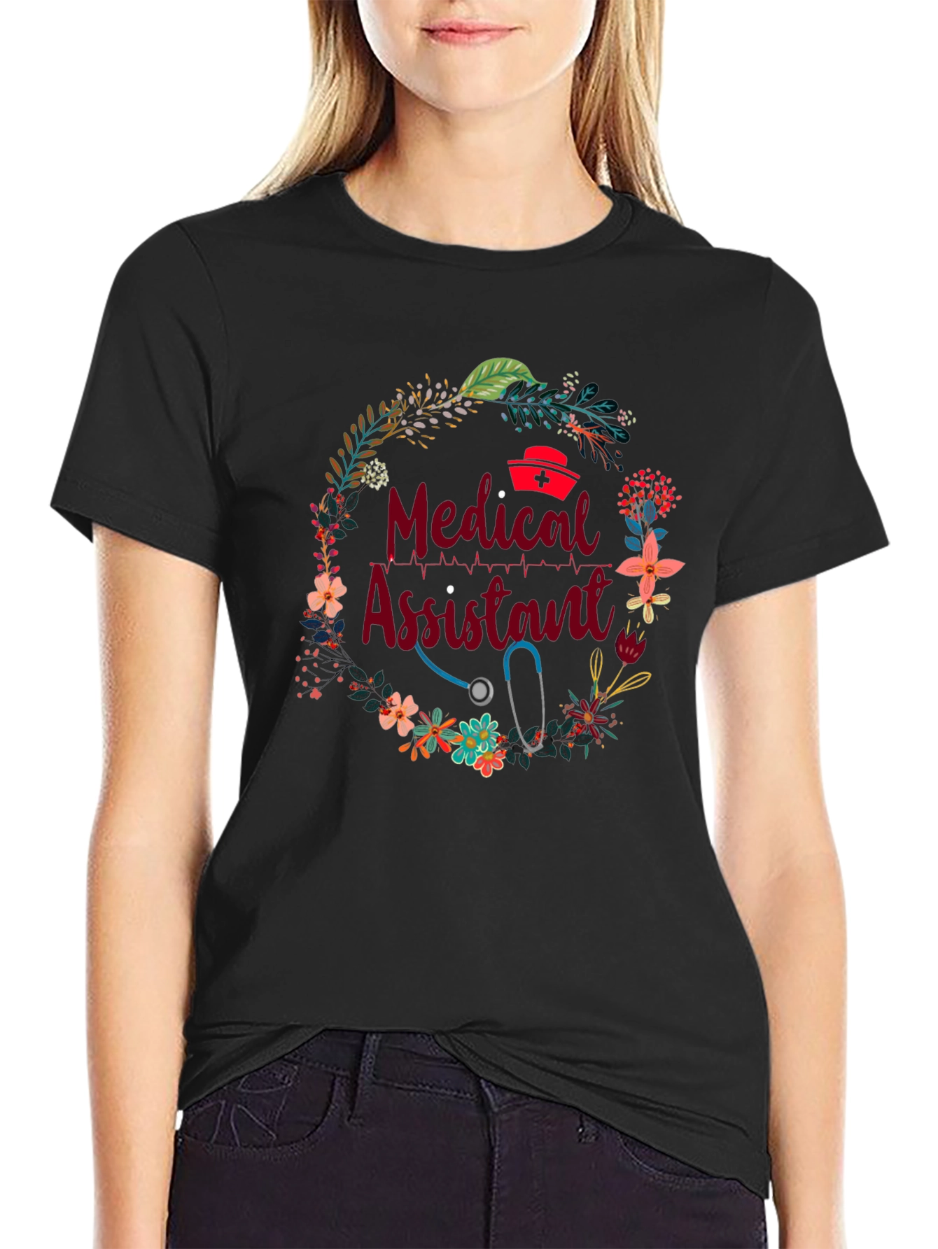 Medical Assistant Floral Wreath Black T-Shirt
