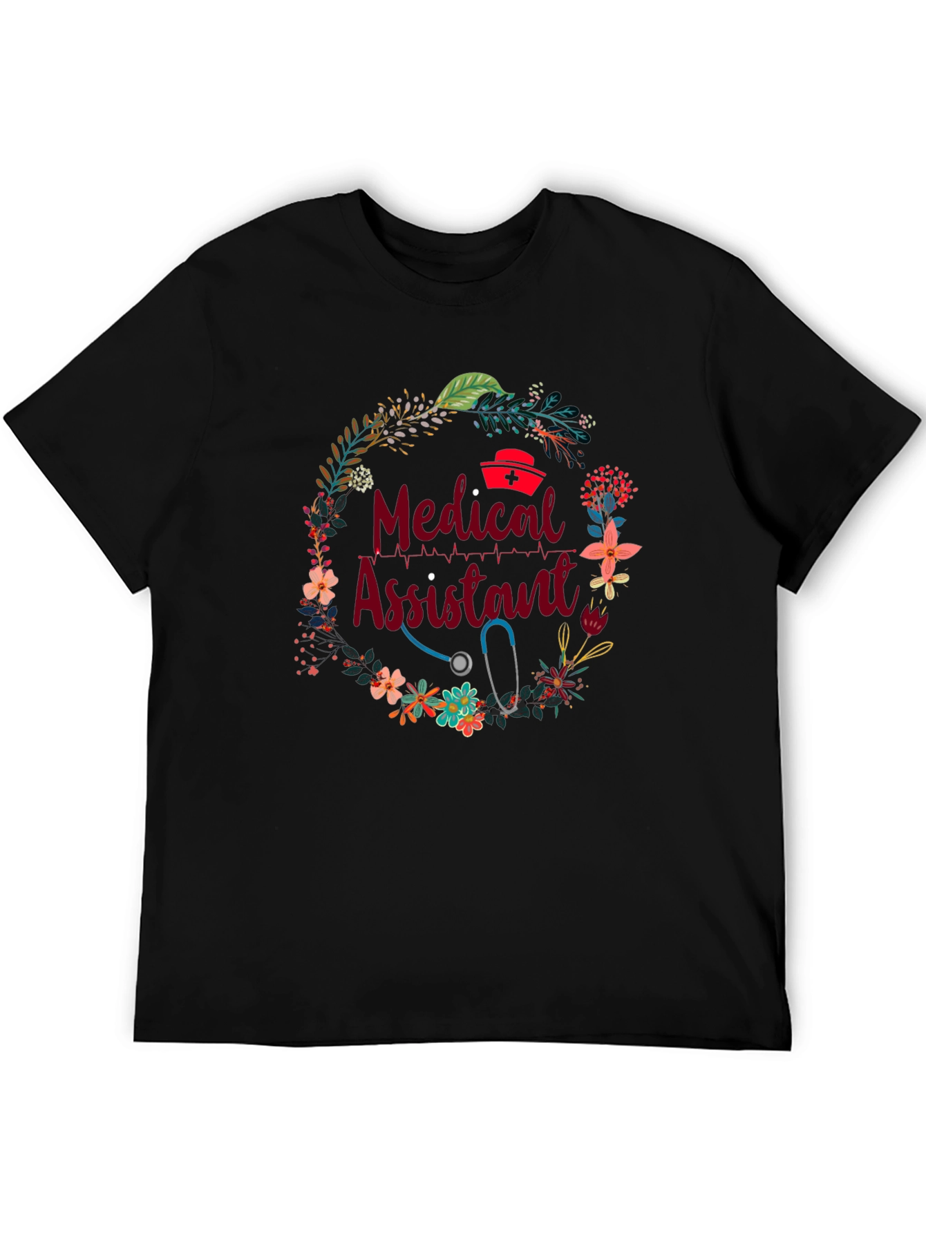 Medical Assistant Floral Wreath Black T-Shirt
