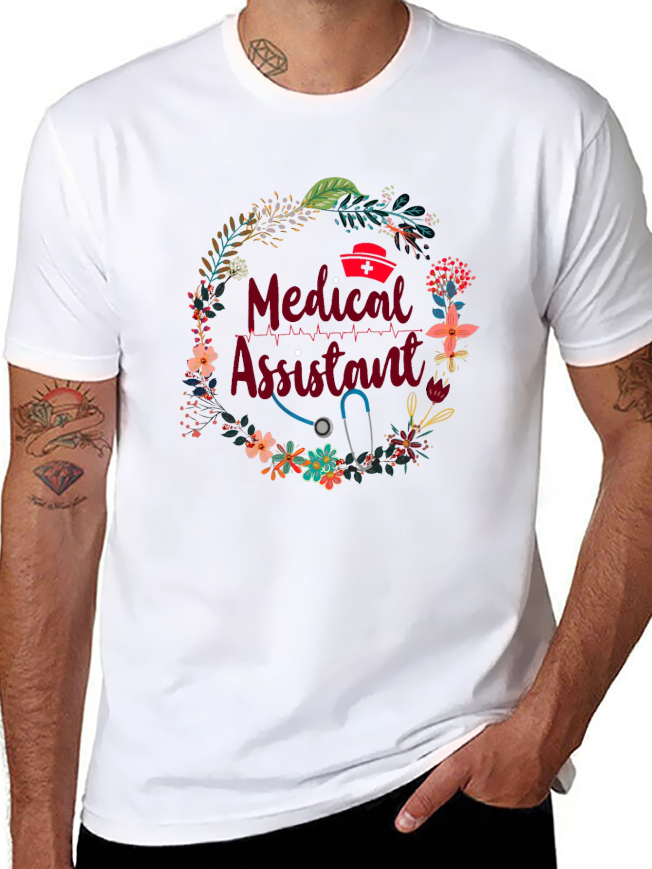 Medical Assistant Floral Wreath Black T-Shirt