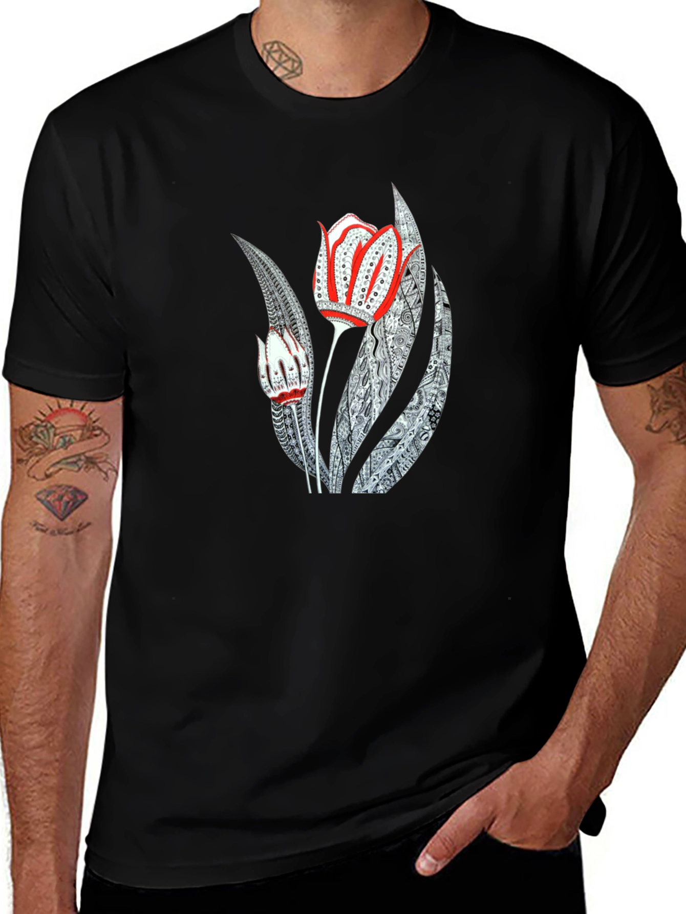 Artistic Floral Graphic Print Black Tee