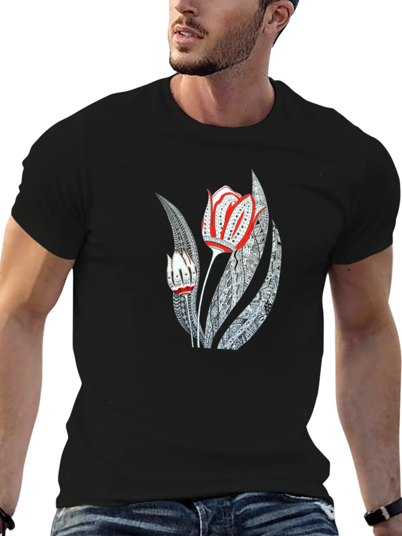 Artistic Floral Graphic Print Black Tee