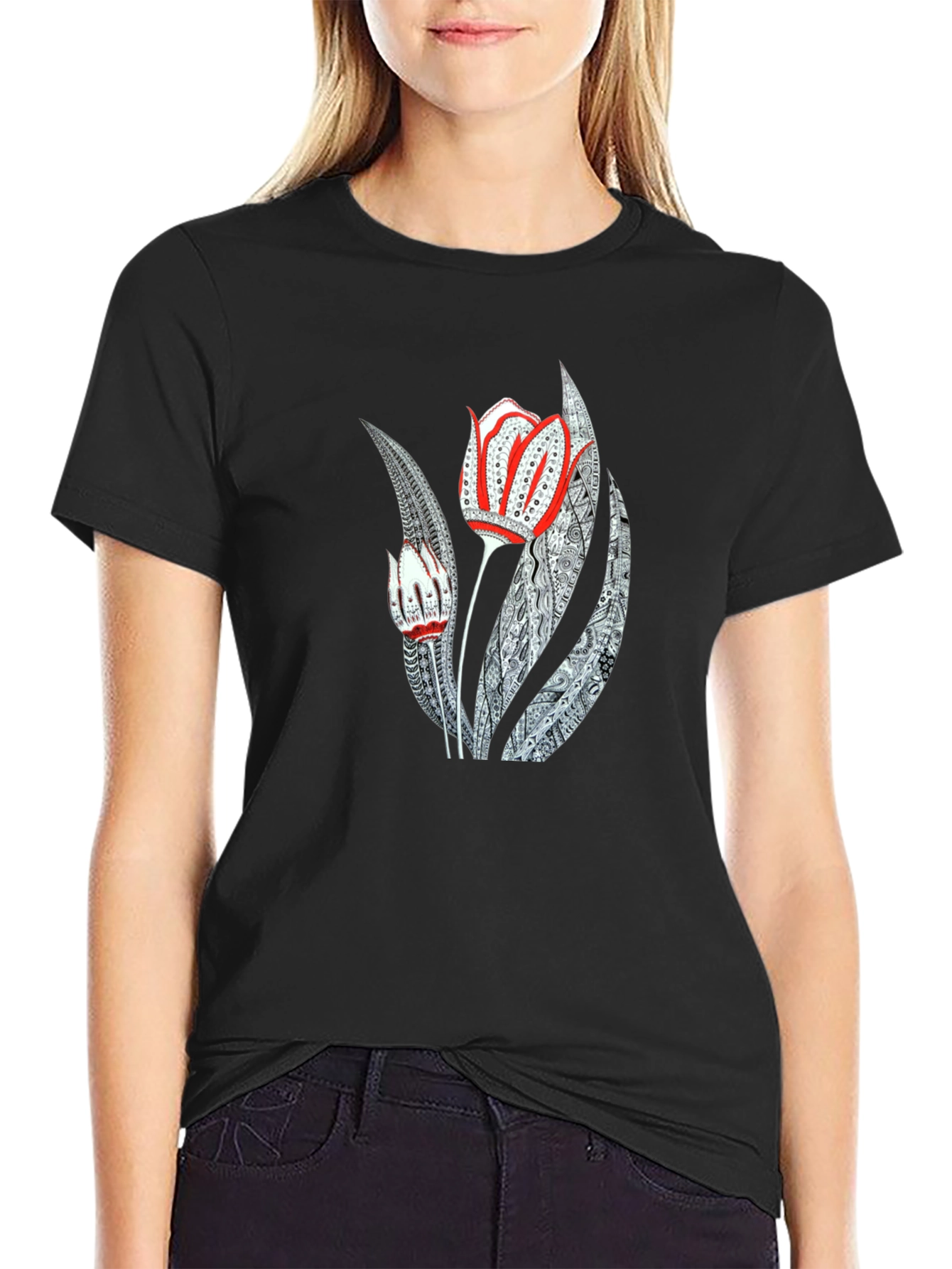 Artistic Floral Graphic Print Black Tee
