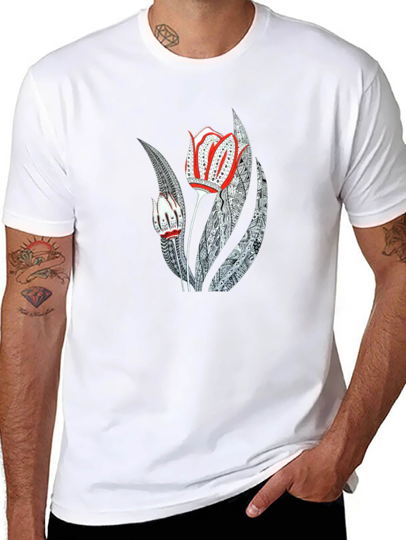 Artistic Floral Graphic Print Black Tee