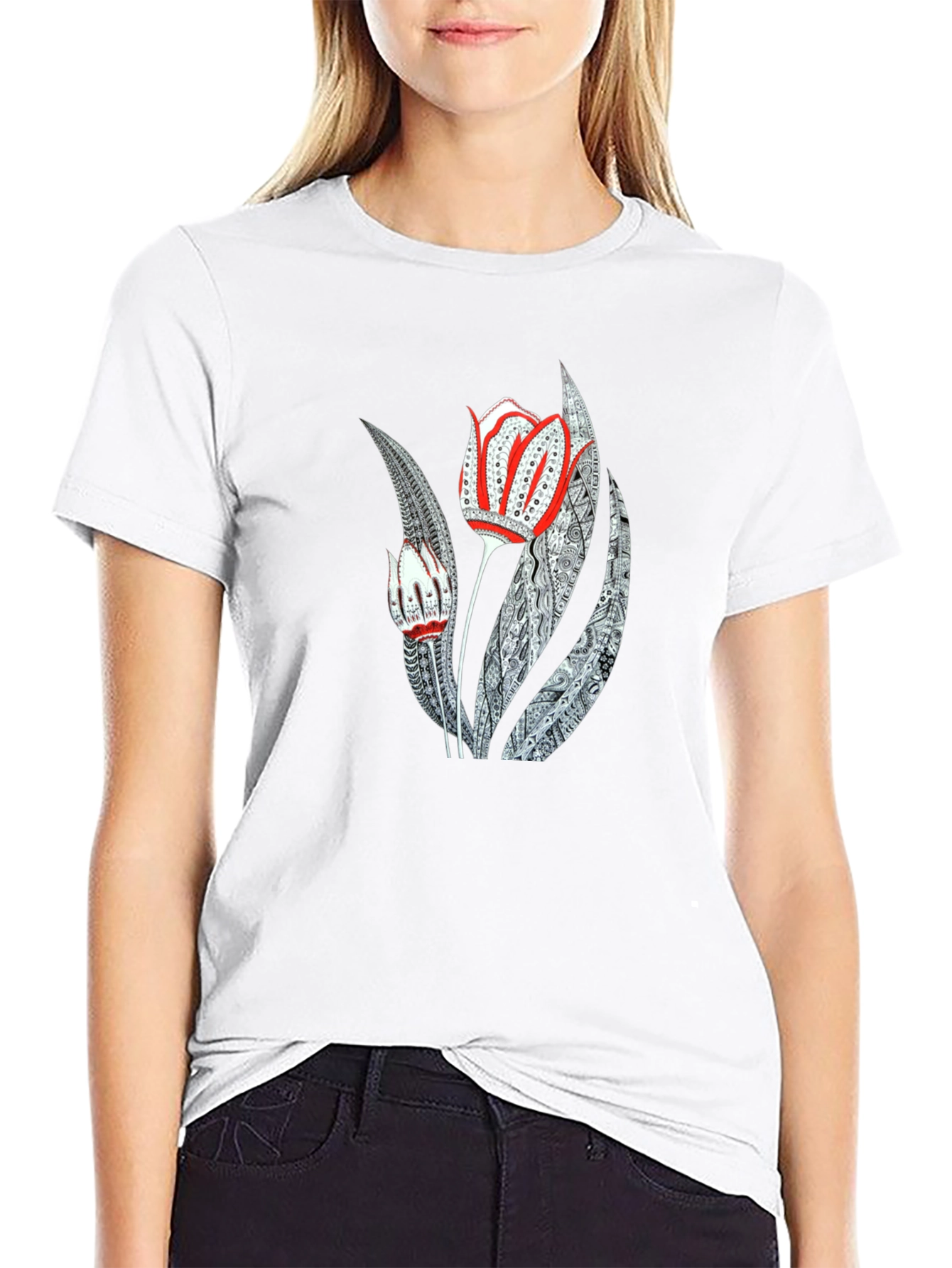 Artistic Floral Graphic Print Black Tee