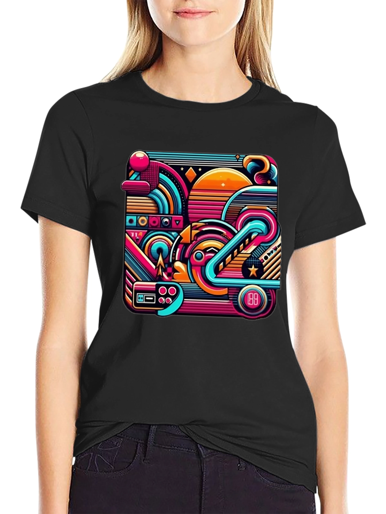Retro Gaming Abstract Art Black T-Shirt