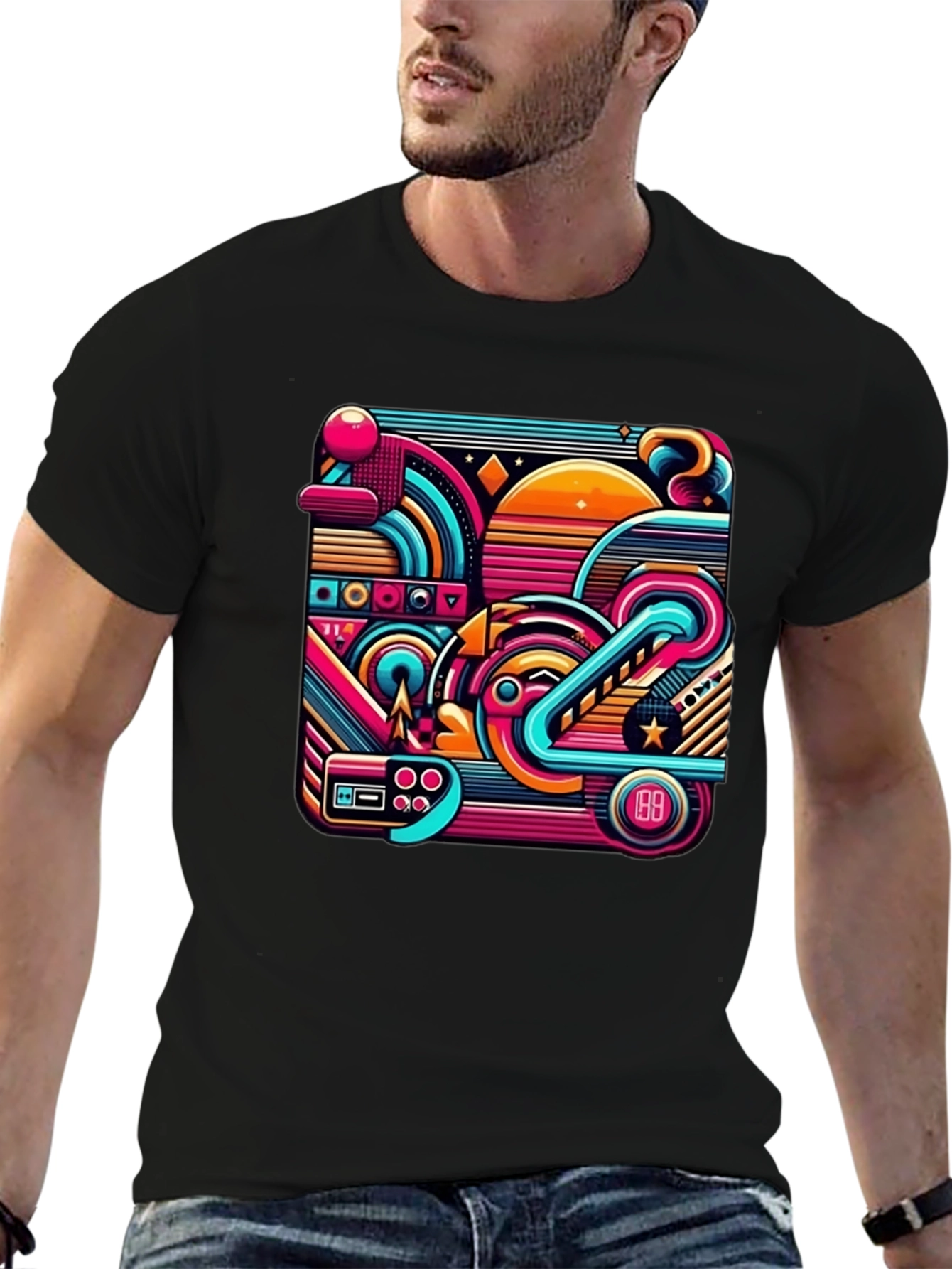 Retro Gaming Abstract Art Black T-Shirt