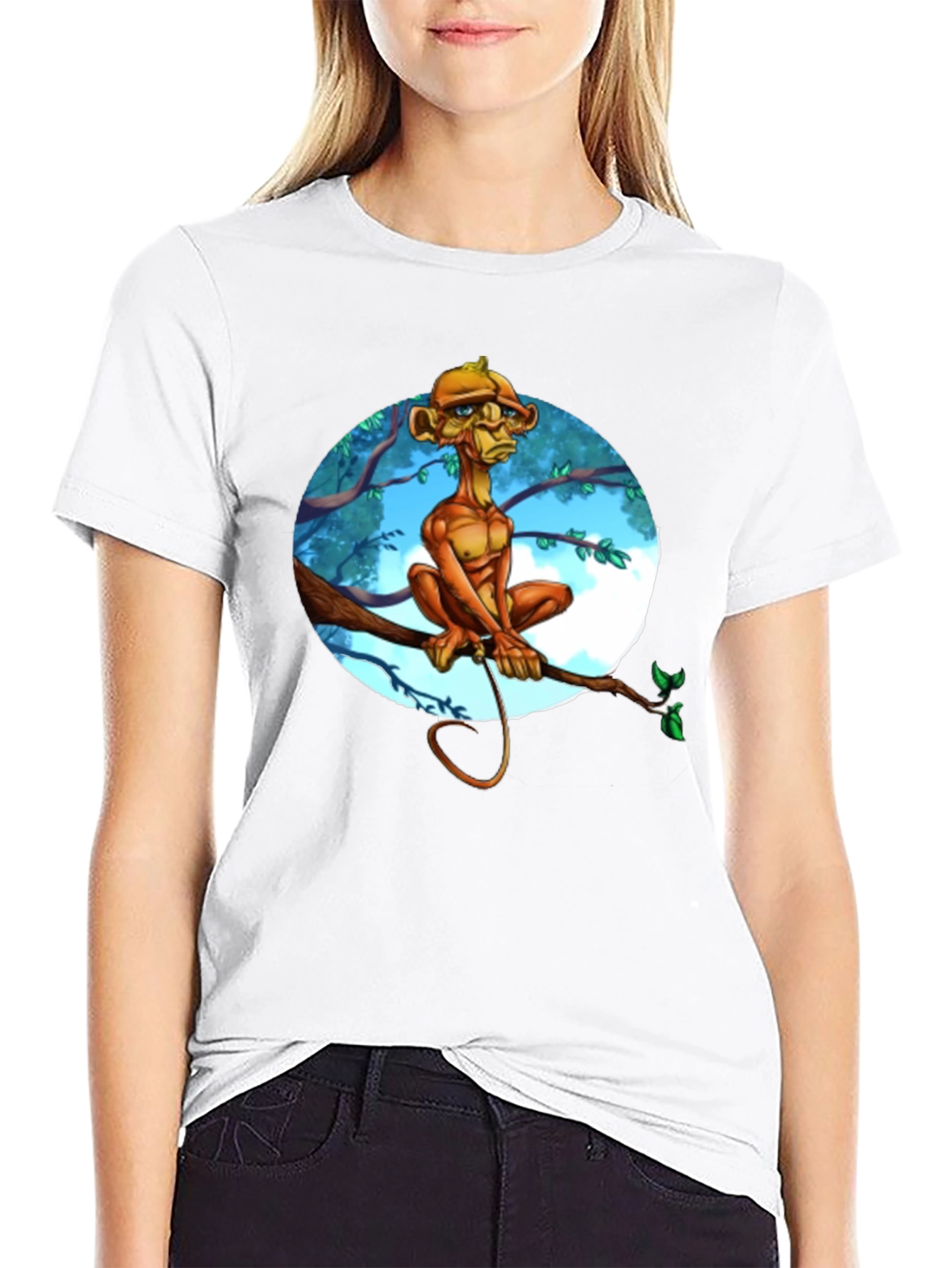 Unique Cartoon Monkey Tree Branch Graphic T-Shirt